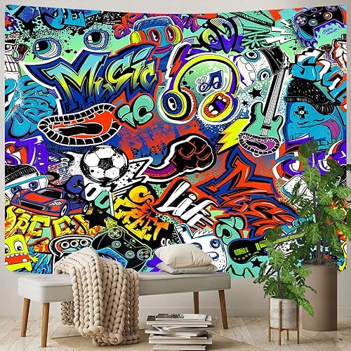 Miniatura 5 de Tapiz moderno de graffiti callejero, creativo urbano de música callejera, hip hop, hippie, tapiz divertido y colorido para pared para adolescentes y