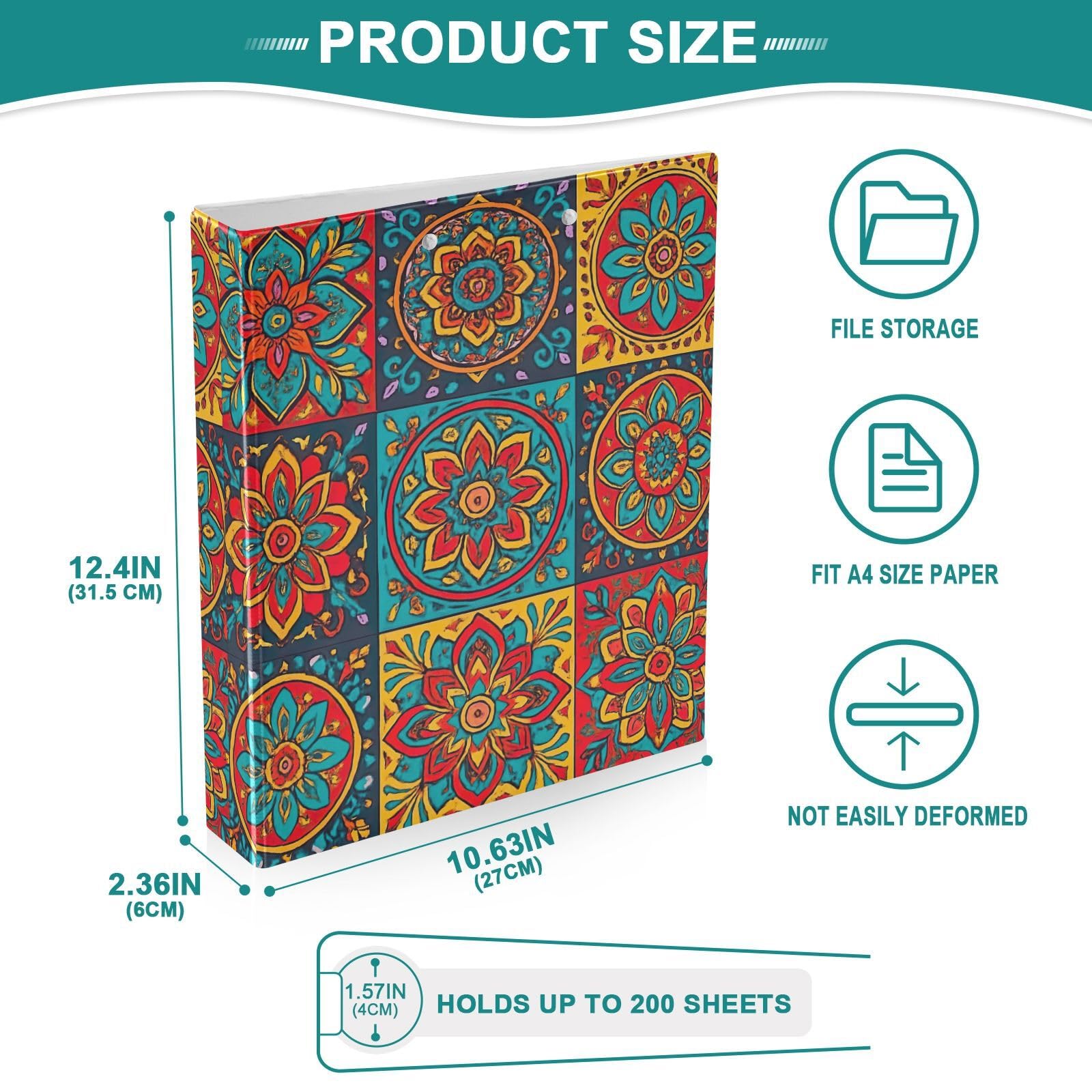 Carpeta colorida de 3 anillos bohemios con diseño floral de mandala de 1.5 pulgadas, carpeta de anillos en D, paquete de 2 | Con portapapeles y bolsillos, para escuela, universidad, oficina