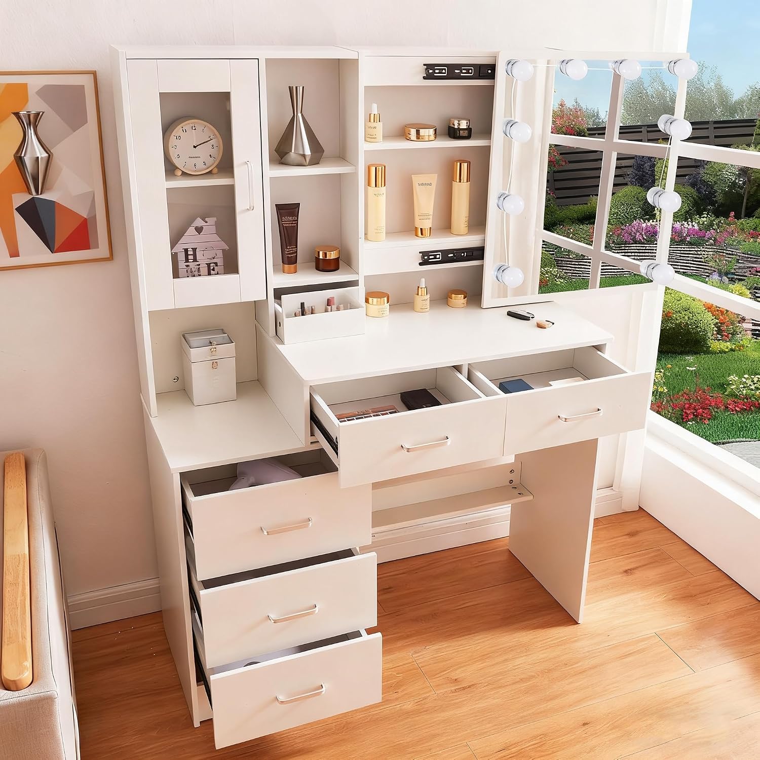 Vanity Desk with Mirror and Lights,Makeup Vanity 6 Drawers 8 Storage Shelves,3 Lighting Modes & Adjustable Brightness for Bedroom,White,39.5" L*15.8" W*55.2" H