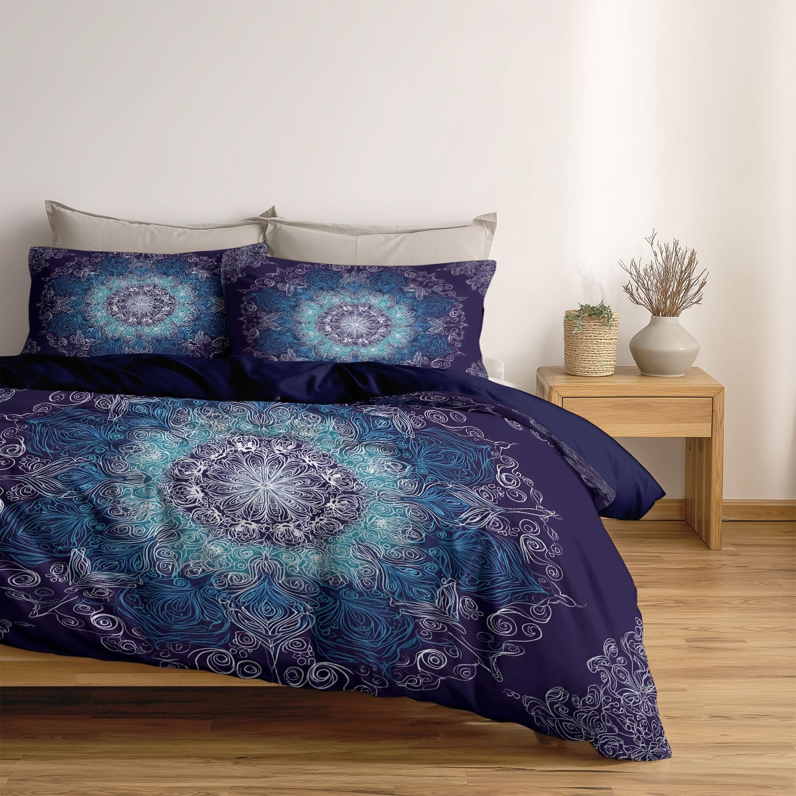 Boho Texturen Geometrisches Mandala Totem 3-teiliges Bettwäsche-Set, 1 Bettbezug 180 x 200 cm und 2 Kissenbezüge 80 x 80 cm,aus bügelfreier Mikrofaser Lila