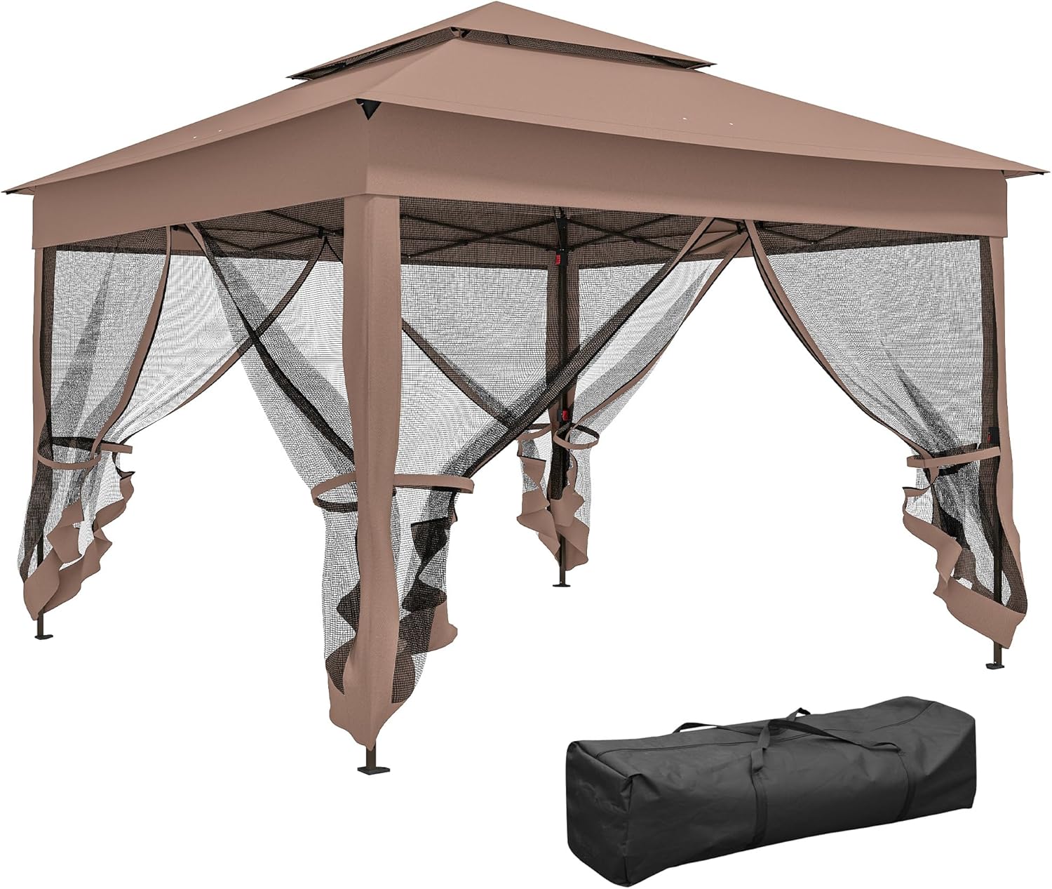Outsunny 11' x 11' Pop Up Canopy, Outdoor Patio Gazebo Shelter with Removable Zipper Netting, Instant Event Tent w/ 114 Square Feet of Shade and Carry Bag for Backyard, Garden, Brown