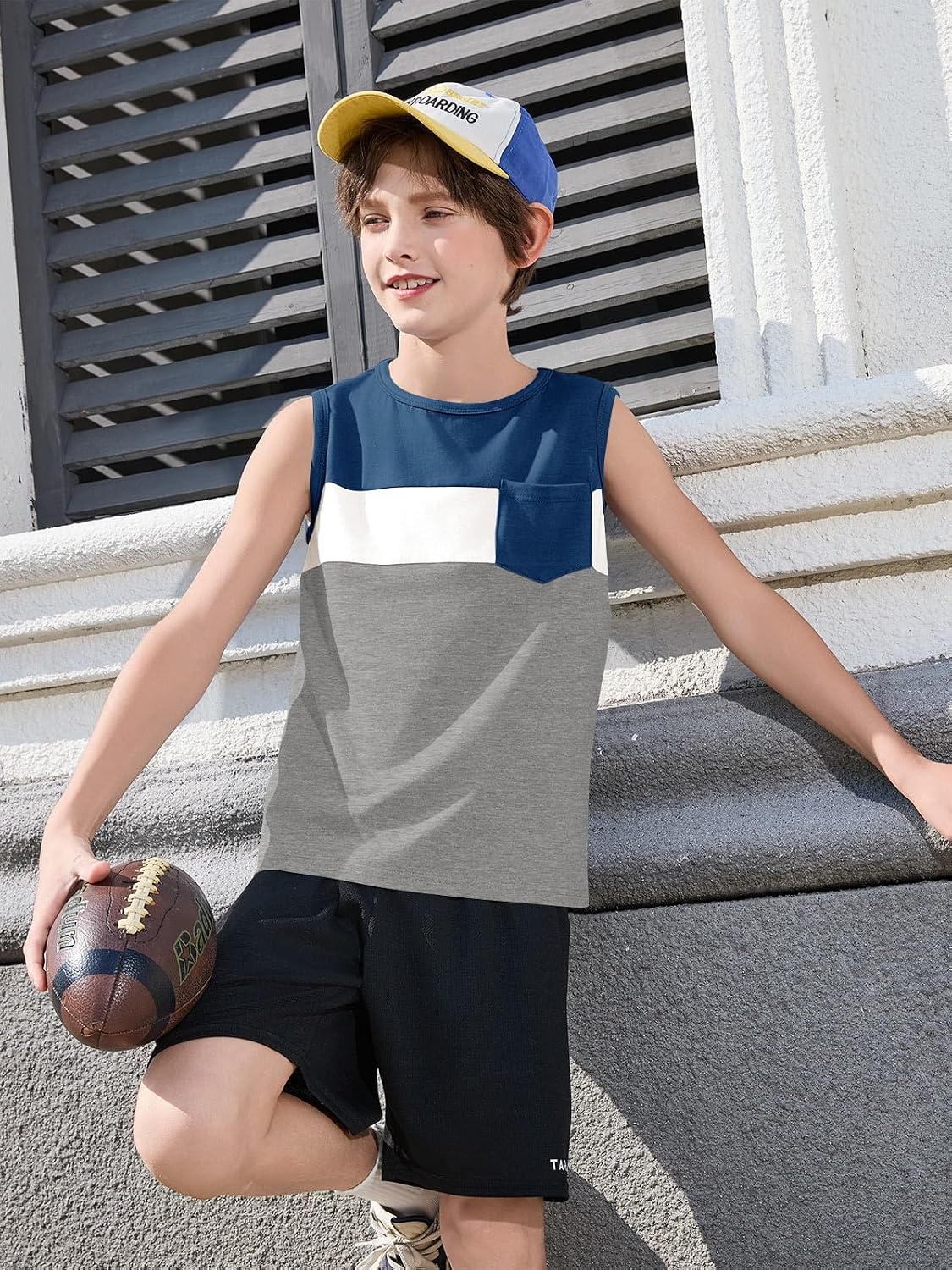 Haloumoning Boys Color Block Tank Tops Kids Summer Sleeveless T-Shirts with Chest Pocket 5-14 Years