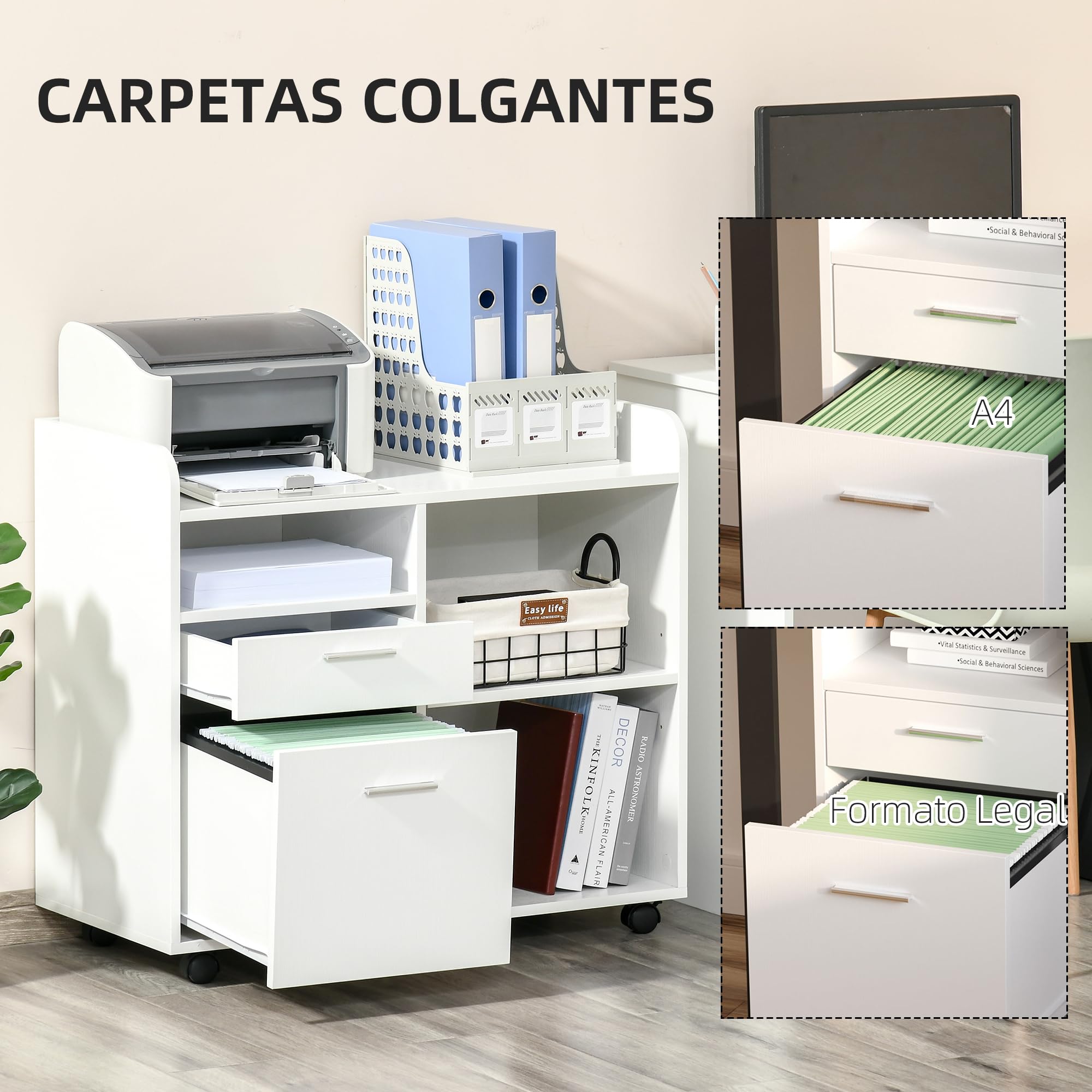 Vinsetto Mueble de Impresora Carro Multifuncional de Oficina con 3 Compartimentos 2 Cajones para Archivos Estante Ajustable Ruedas con 2 Frenos 80x40x72 cm Roble