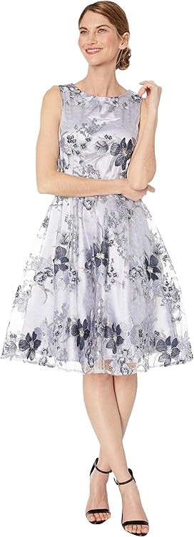 tahari embroidered fit and flare dress
