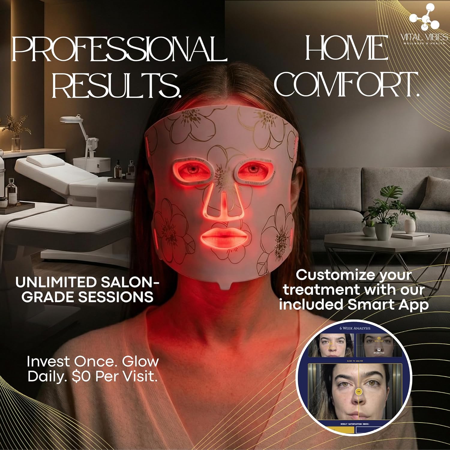 Vital Vibes FDA Cleared Red Light Therapy Mask + Collagen Serum Included | 432 LEDs, 8 Color Modes | Wrinkles Acne Dark Spots | LED Face Mask Light Therapy | Infrared Light Therapy LED Mask