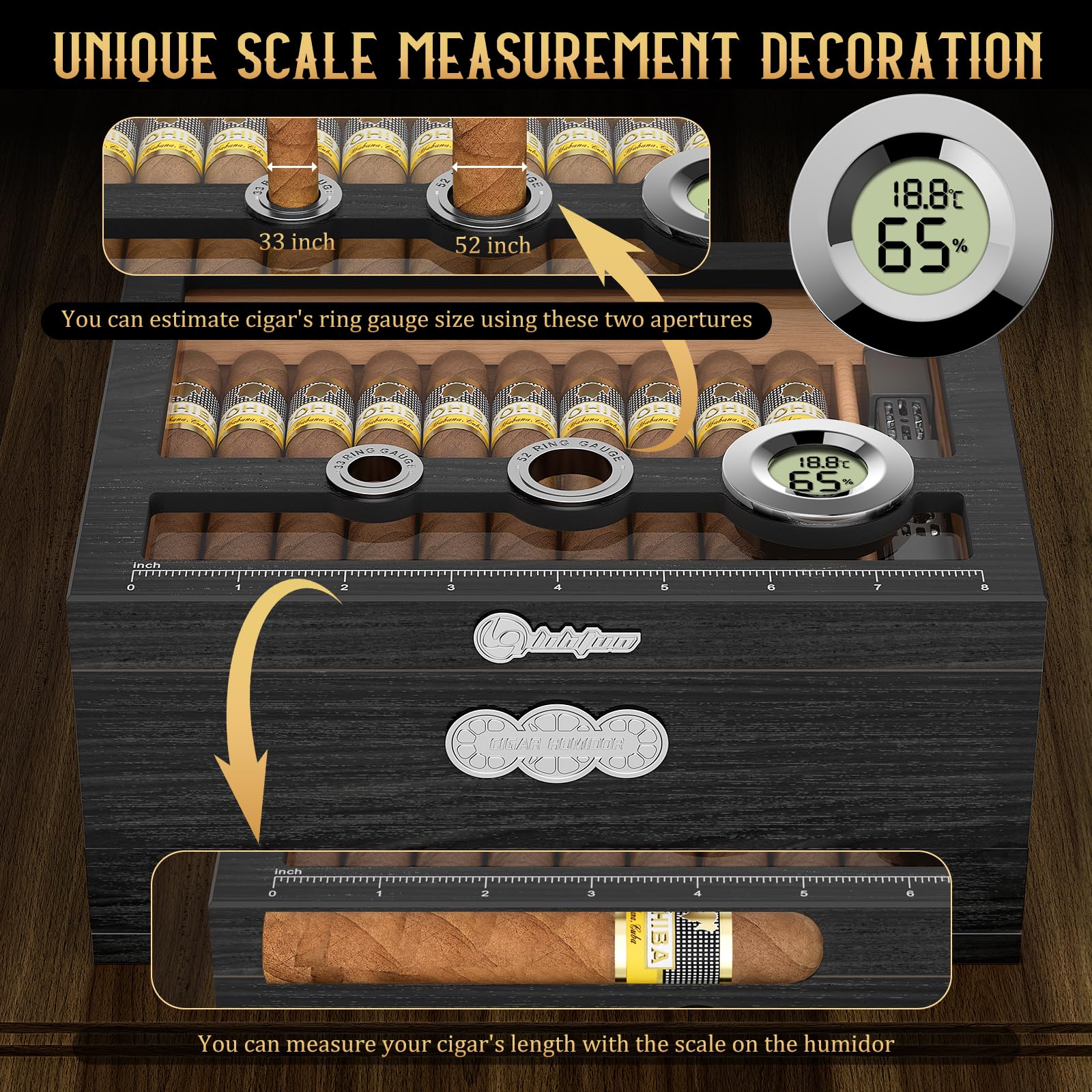 LIHTUN Zigarren Humidor, Glas Top Desktop Humidor Box, Zigarren Geschenke für Männer, Zedernholz Zigarrenkoffer mit Digital Hygrometer, Luftbefeuchter, Messskala und Zigarren Zubehör Schublade