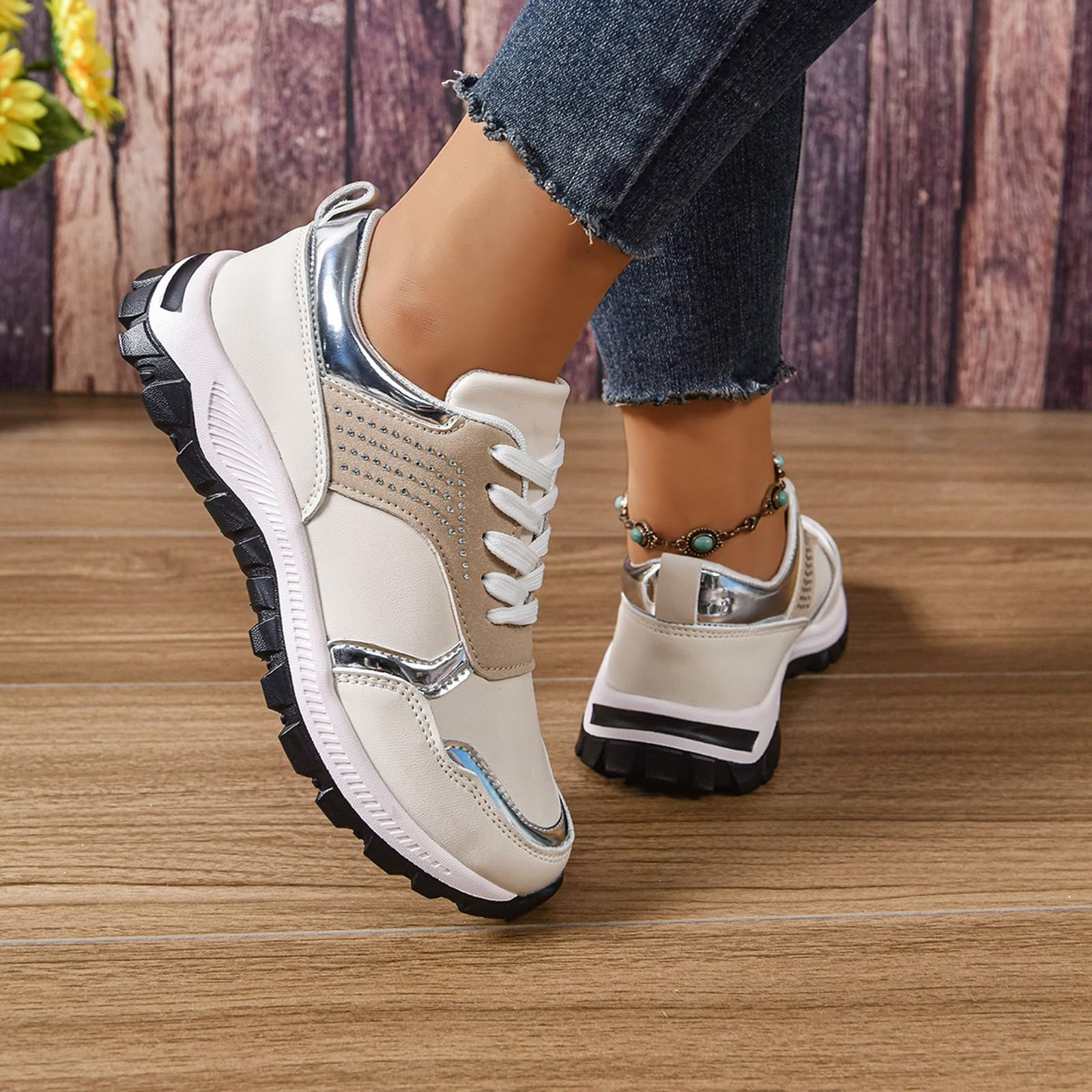 Scarpe da corsa da donna extra larghe, scarpe sportive con plateau e lacci | Scarpe da ginnastica retrò con suola antiscivolo, leggere, traspiranti, sportive e per il tempo libero