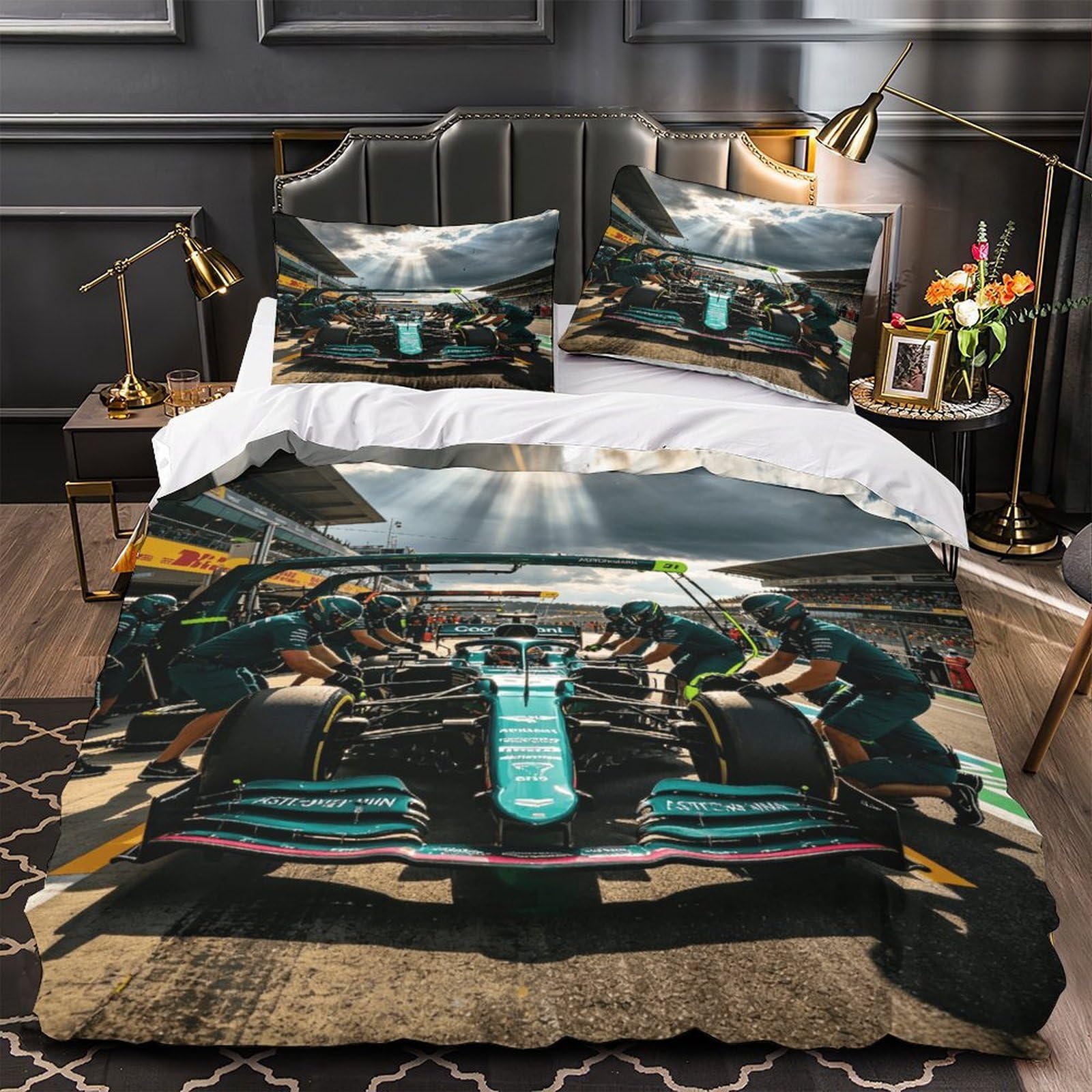 DAFUfbw Washable Formulaa Racing Bedding Set With Hidden Zipper, Double（200x200cm） Formulaa Racing Duvet Cover with Pillowcases, Soft Microfiber Pit Stop Quilt Cover