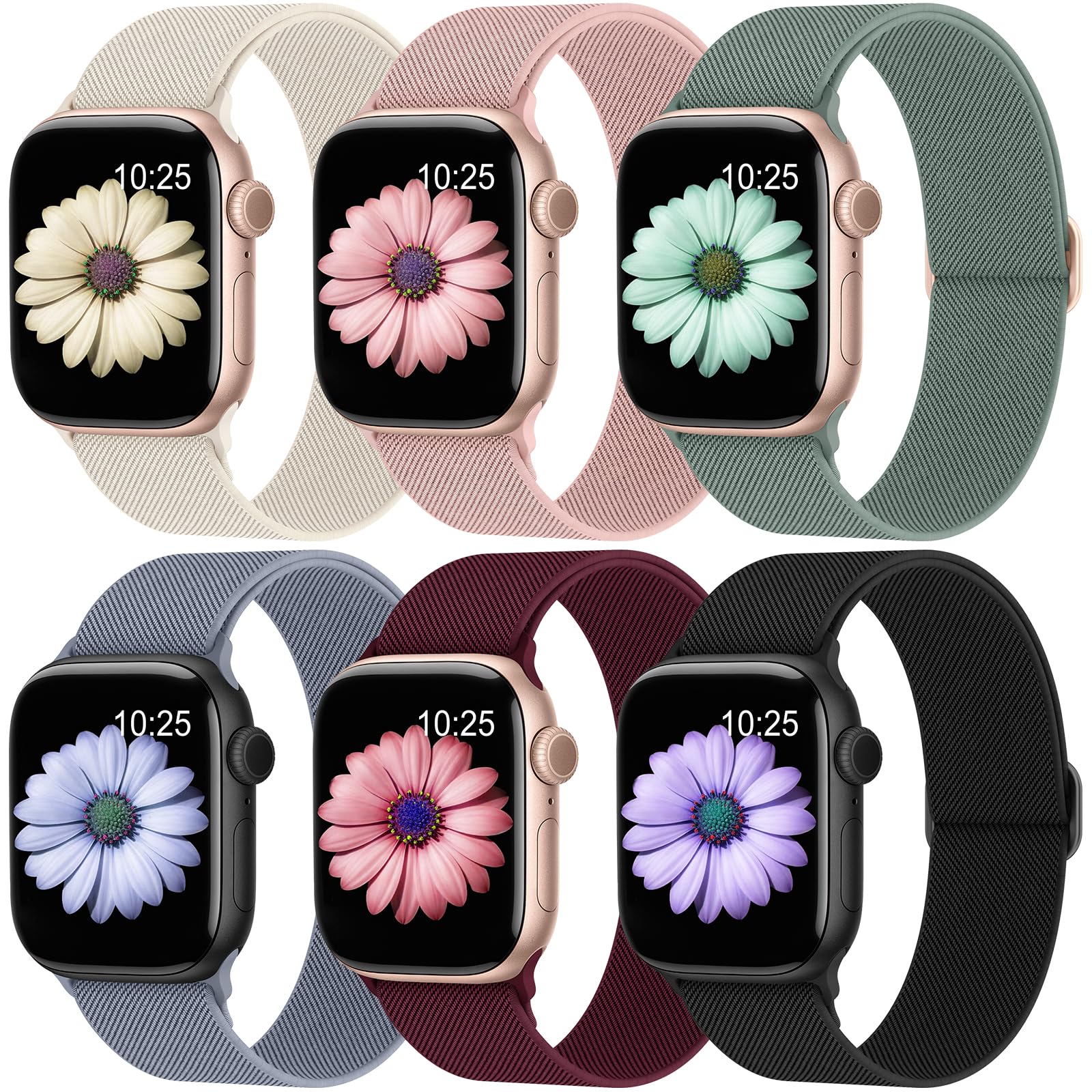Higgs 6 Stück Elastisch Armband Kompatibel mit Apple Watch 40mm 41mm 42mm(Series 11 10) 38mm Damen Herren, Nylon Textil Stoff Solo Loop für iWatch Band SE 3/2 Series 11 10 9 8 7 6 5 4 3 2 1
