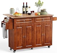 Qsun Kitchen Island with Drop Leaf and Storage, on Wheels Two Drawers, Large Storage Cabinet, Towel Rack Spice Cart Brown
