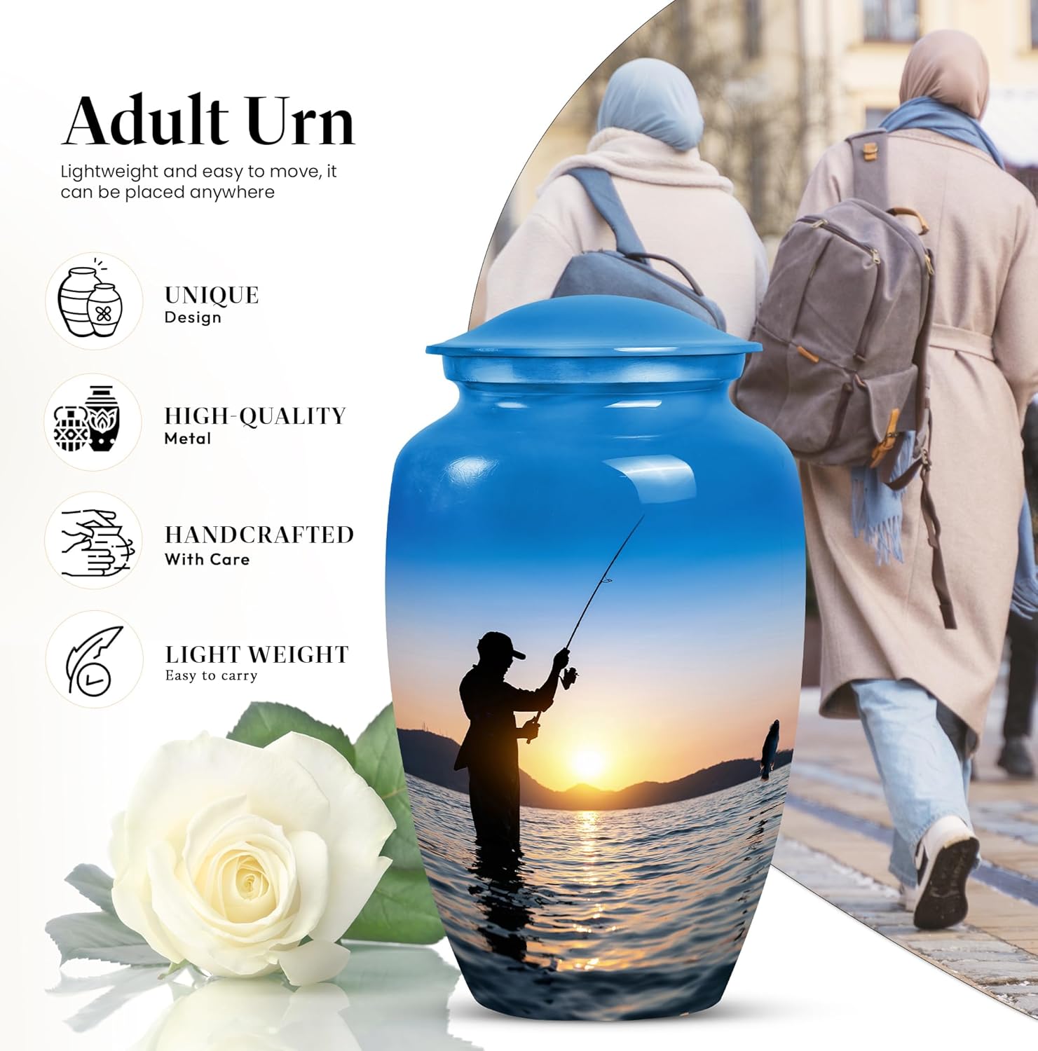 Fisherman Cremation Urn for Mom & Dad - Fishing Urn - Large Urns for Human Ashes Adult - Blue Urns for Ashes for Women 10 Inch
