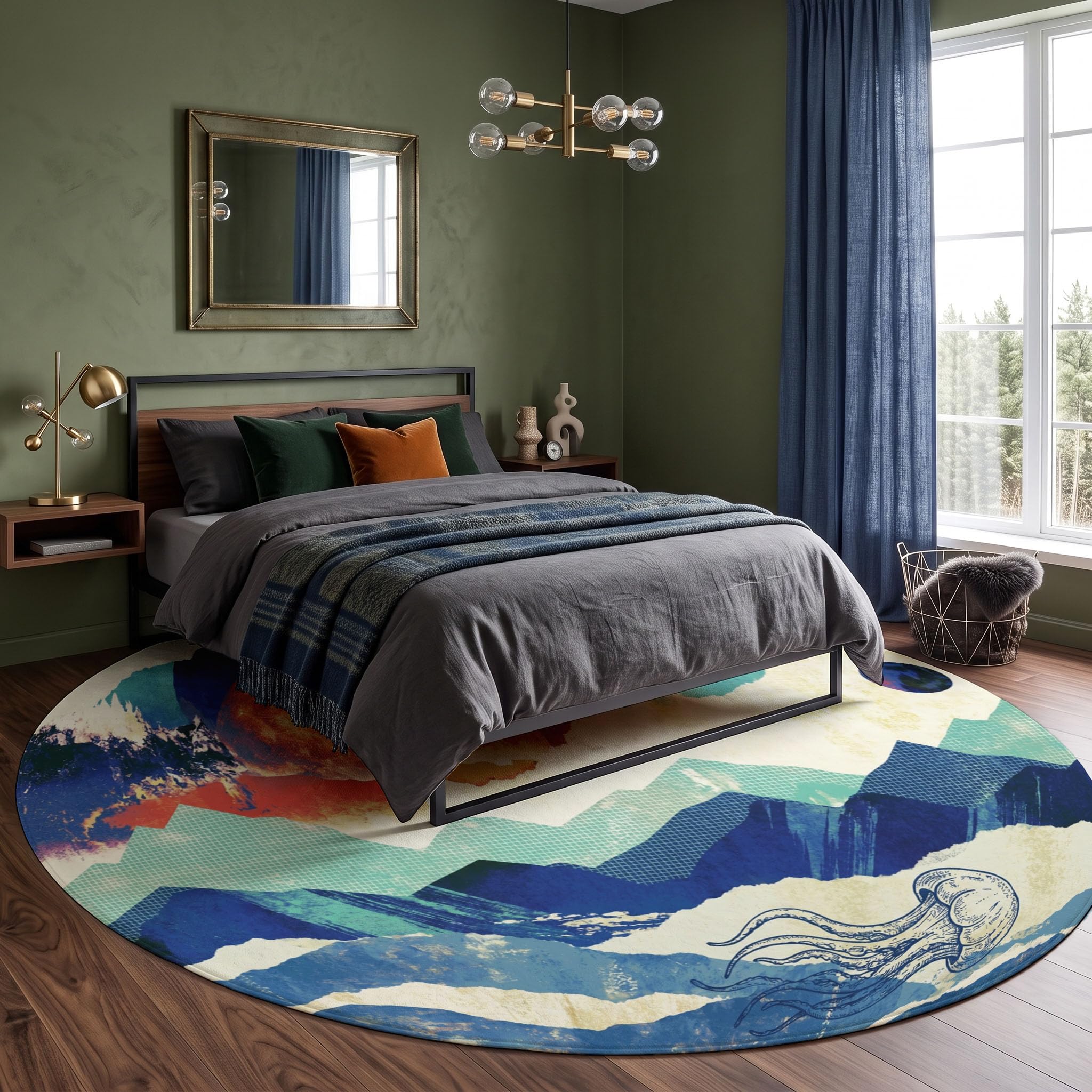 Tapis Rond Pleine Lune Sommets Montagneux Méduses Salon Chambre 100cm | Poils Courts, Art De Collage Rétro, Super Doux, Lavable Et Antidérapant Tapis Rond Pour Chambre D’enfant, Salle à Manger, Bleu