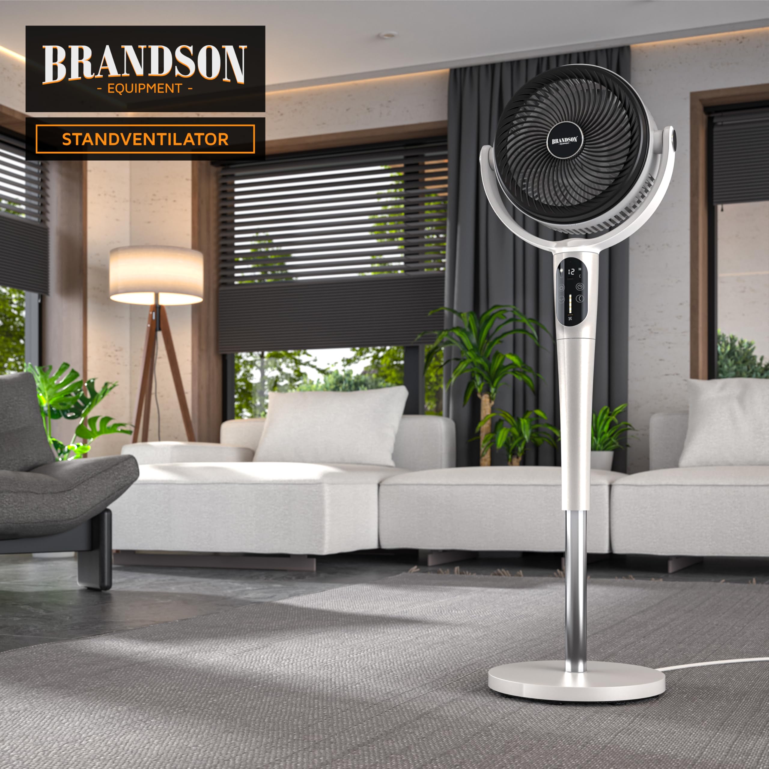 Brandson - 3D Standventilator mit ECO DC Motor – sehr leise – Preisträger 2026-60% Energieeinsparung – Ventilator mit 24 Geschwindigkeiten – horizontale und vertikale Oszillation – Fernbedienung