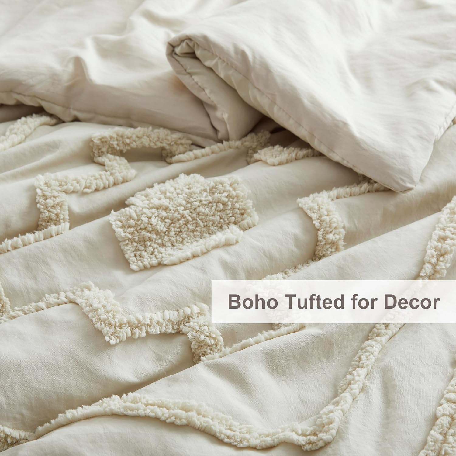 Oli Anderson Boho Tufted Comforter Set Queen Size, 3 Pcs Soft Jacquard Bedding Set for All Seasons, Shabby Chic Farmhouse Bedding Set with Comforters for All Seasons (Beige, Queen) - Image 3