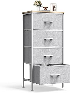 Sweetcrispy Nightstand Small Bedroom Dresser with 4 Fabric Drawers,Bed Side Furniture End Table,Wooden Top Cabinet Night Stand Dresser for Closet,Entryway,Dorm,Light Gray