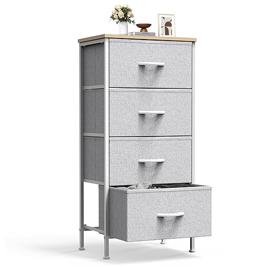 Sweetcrispy Nightstand Small Bedroom Dresser with 4 Fabric Drawers,Bed Side Furniture End Table,Wooden Top Cabinet Night Stand Dresser for Closet,Entryway,Dorm,Light Gray