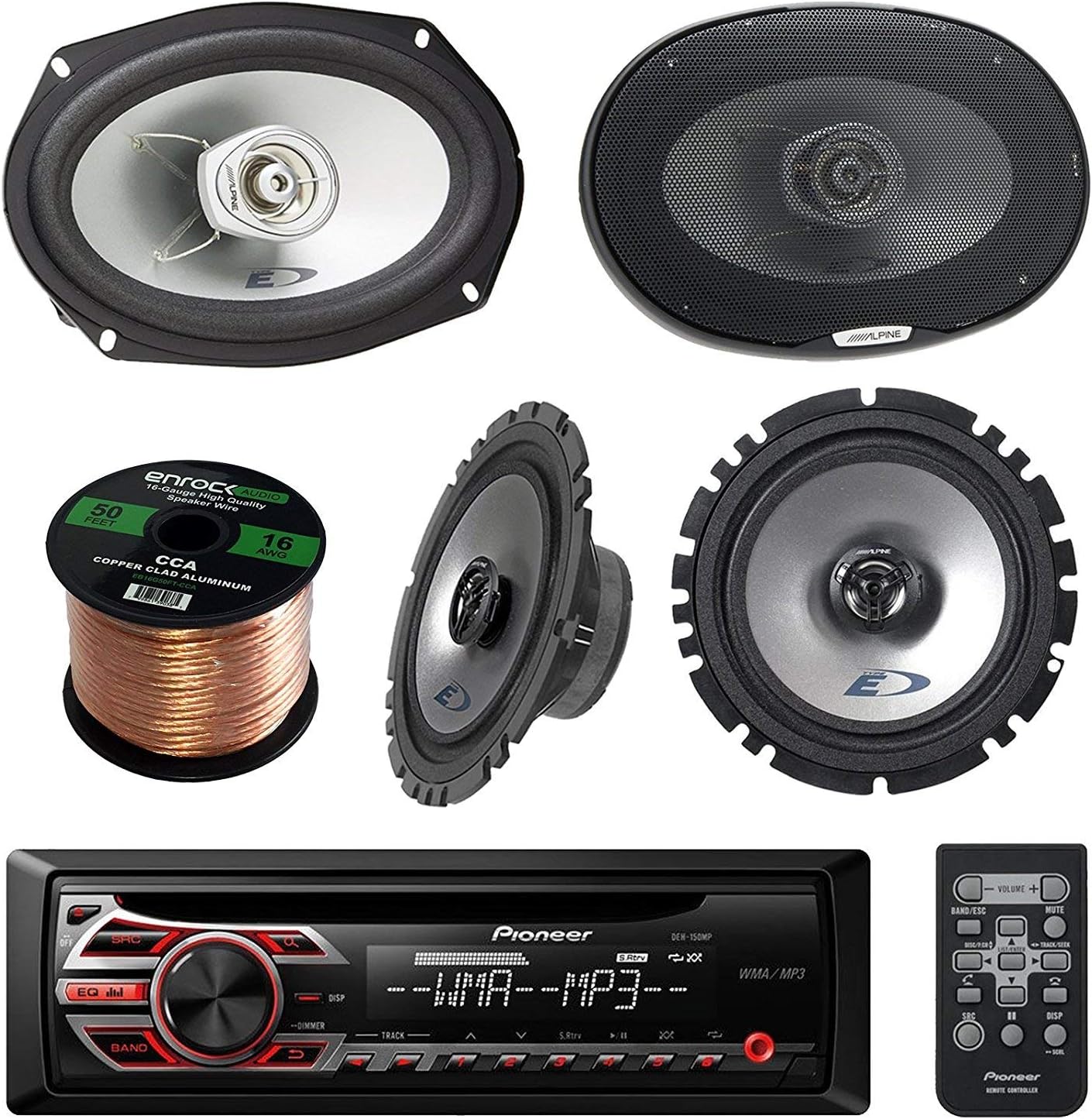 Pioneer DEHS1100UB Single DIN Car Stereo Bundle - Alpine SXE1725S 6.5" 80W 2-Way Coaxial Car Speakers Set Of 2 + Alpine SXE6925S 6x9 Inch 280W Coaxial Car Speaker Set Of 2 - 1 Enrock 50Ft Speaker Wire