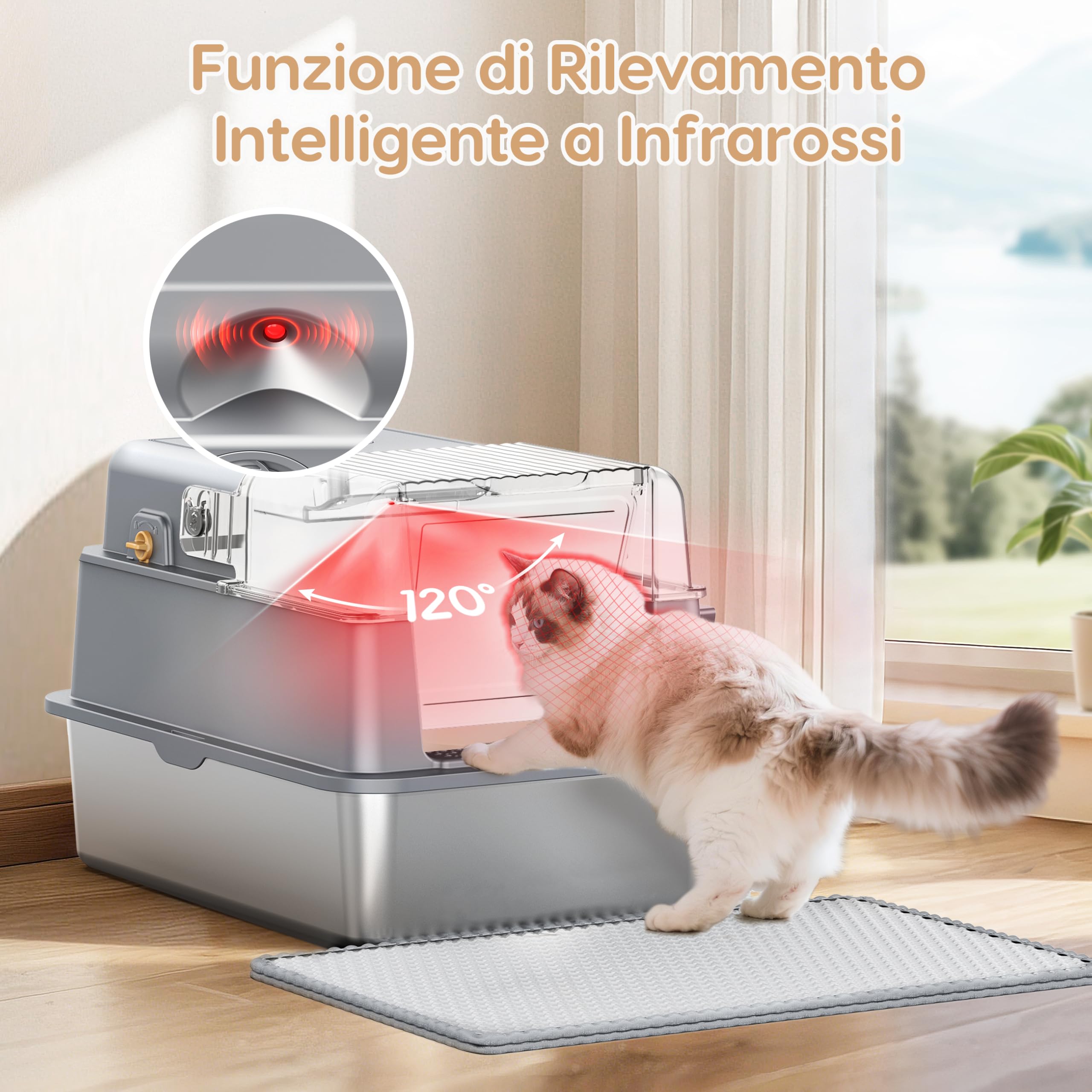 PalNests Lettiera Acciaio Inox per Gatti, Lettiera per Gatto XXL con Coperchio Ribaltabile a 105°, Lettiere in Metallo con Sistema di Aria Deodorizzazione, Lettiere Chiusa con Paletta e Tappetino