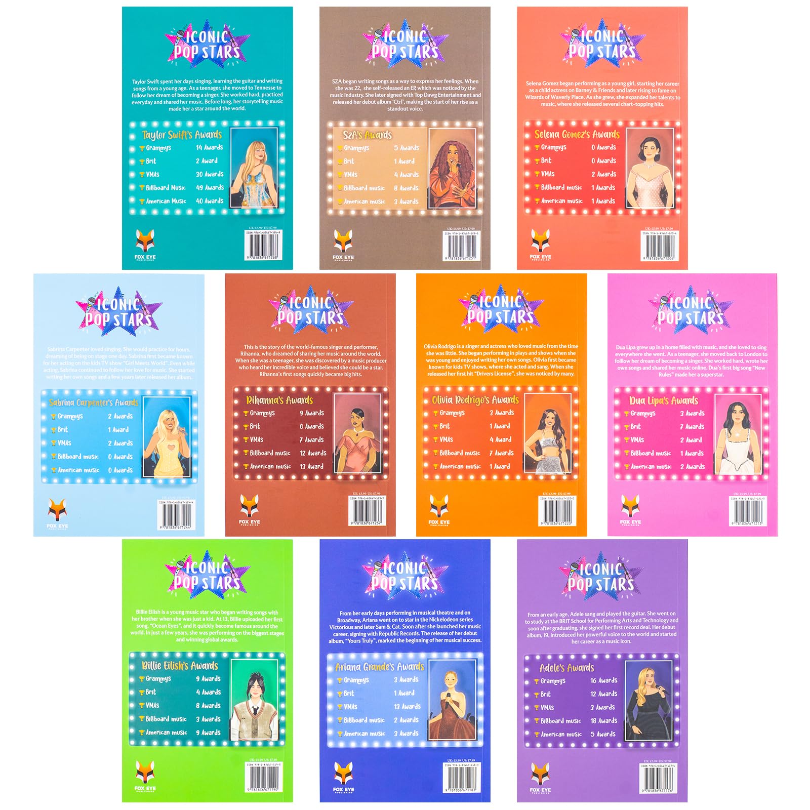 Iconic Popstars 10 Books Box Set: Taylor Swift, Sabrina Carpenter, Ariana Grande, Billie Eilish, SZA, Olivia Rodrigo, Rihanna, Selena Gomez, Adele, Dua Lipa