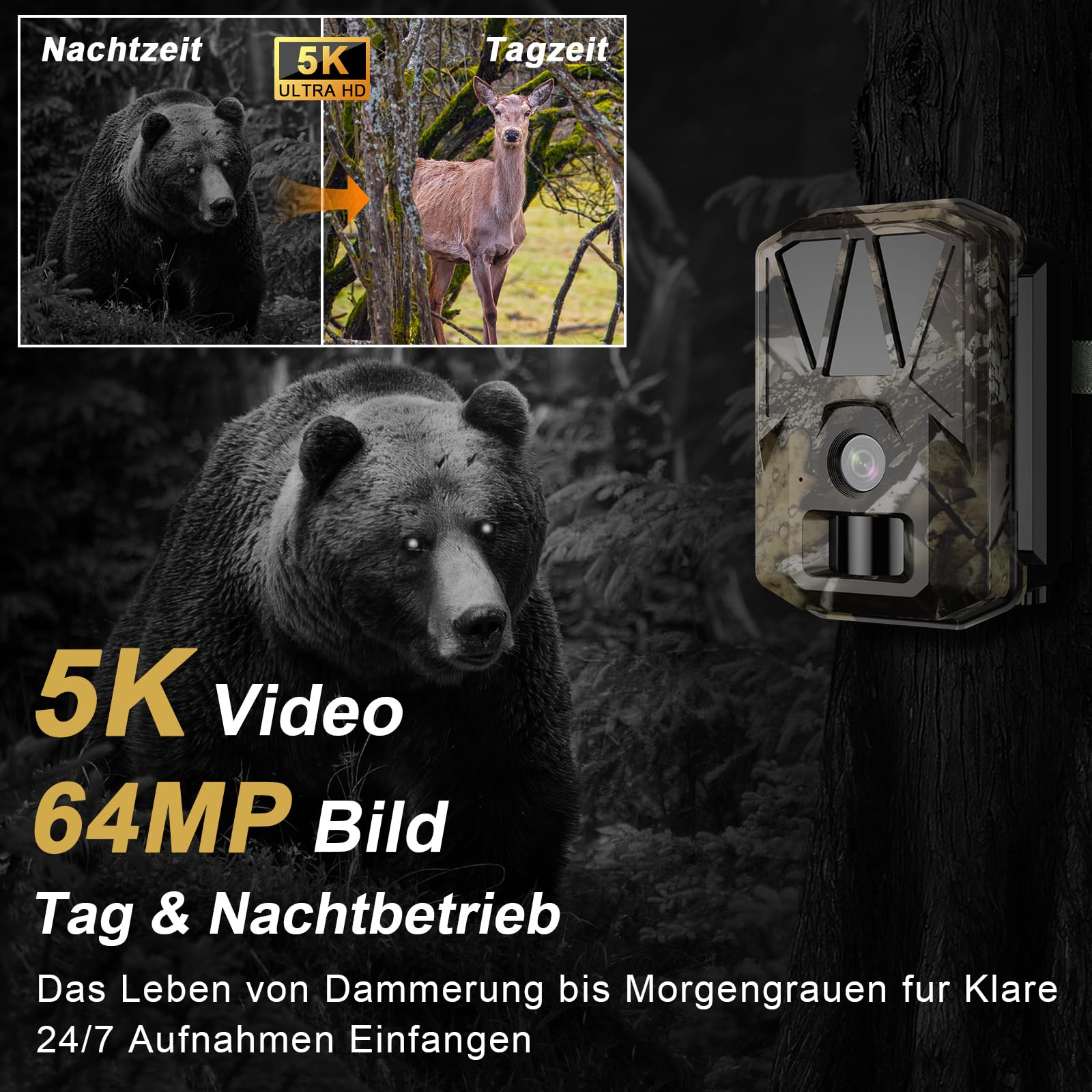 Wildkamera WLAN 5K/64MP mit Wiederaufladbare 10000mAh Akku | Wildtierkamera Solar, Handyübertragung App, Bewegungsmelder Nachtsicht, 32G SD Karte, 0,1s Auslösezeit, IP66