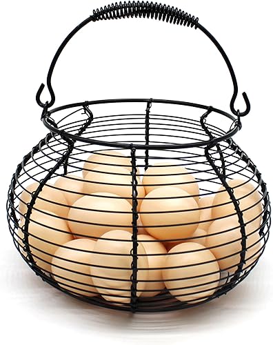 Miniatura 1 de CVHOMEDECO. Antique Wire Egg Basket with Handle Primitives Vintage Gathering Basket. Black (7-34"Dia. X 5"H Black)