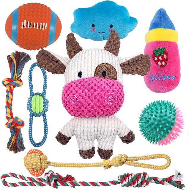 Sundrawy Dog Chew Toys for Puppy Teething Training, Stuffed Plush Squeak Toys for Small Dogs, Interactive Tug Ropes with Ball, 9 Packs Pet Toys Kit for Dental Cleaning, Birthday Gift Set