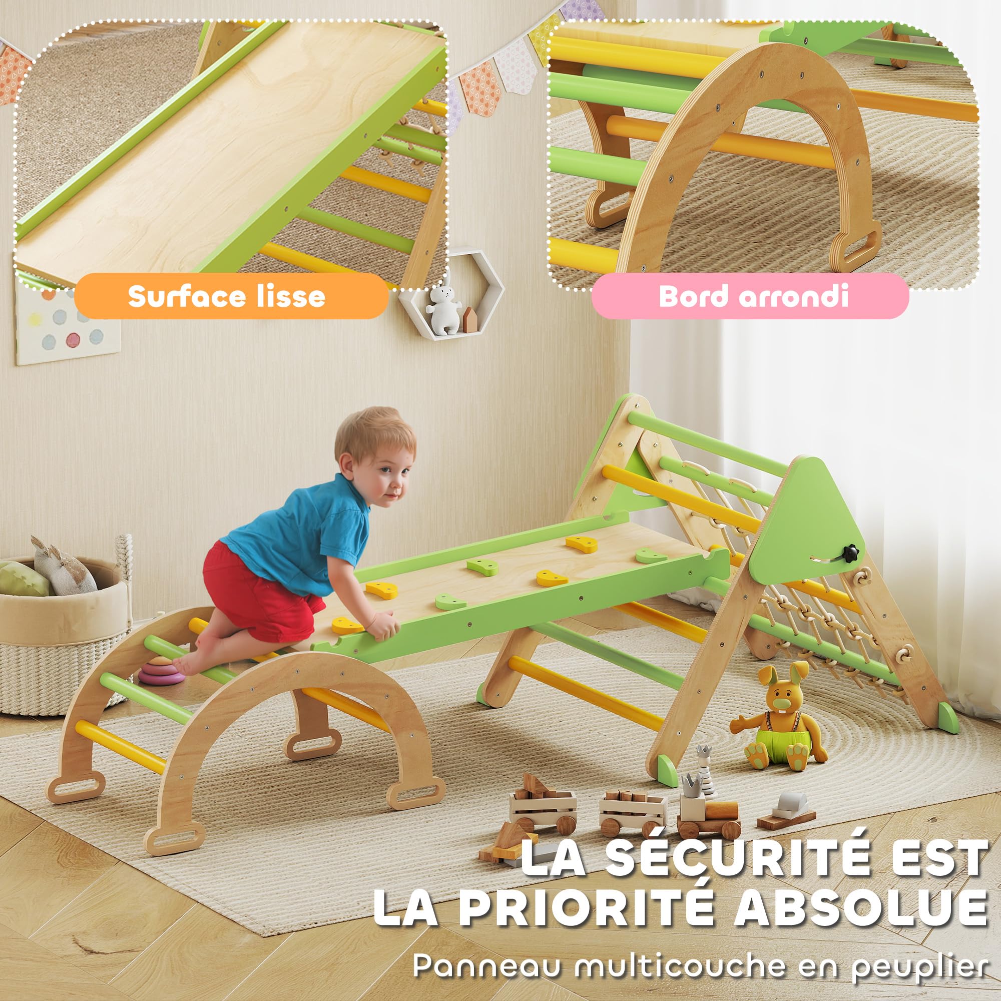 AIYAPLAY 8 en 1 Triangle d'escalade Enfants Rampe Double Face Vert | Arc d'Escalade Bois Peuplier, Toboggan & Échelle, Glisser ou Grimper, Parcours Motricité Enfant 18 à 48 Mois, Charge 50 kg