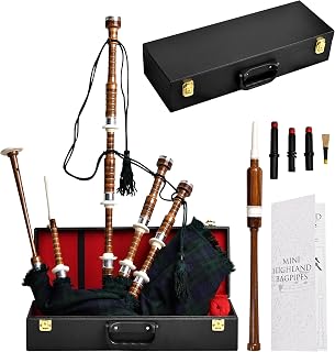 Highland Redstone Scottish Bagpipe – Full Size Cocuswood Bagpipe in Rosewood Finish with Silver Plain Mounts & Free Tutor Book in Various Tartans (Black Watch Tartan)