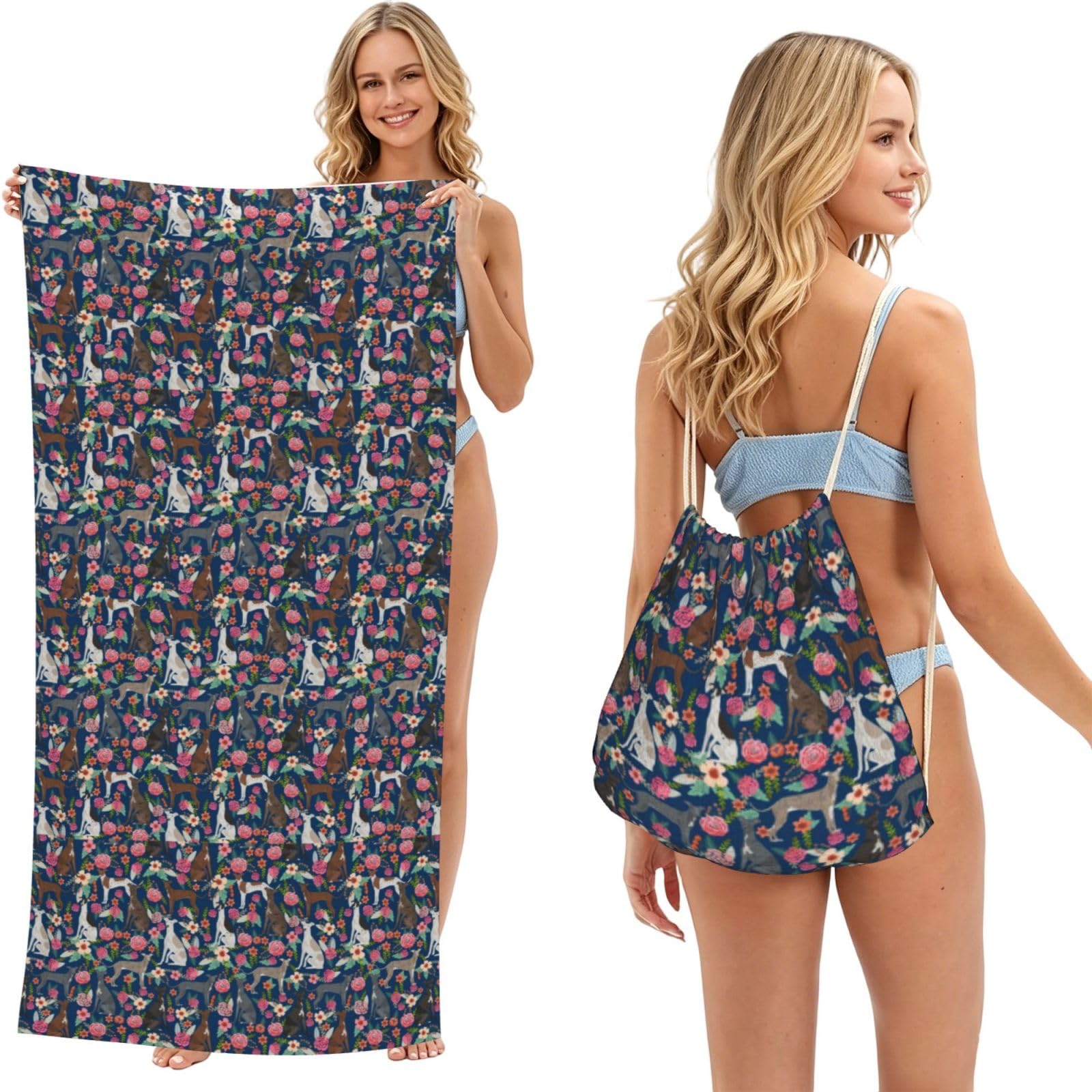 Poadnly Italian Greyhound Florals Best Dogs And Flowers Navy, 2 in 1 Packable Towel Bag, Beach Towels with Drawstring Backpack for Travel Holiday Camping