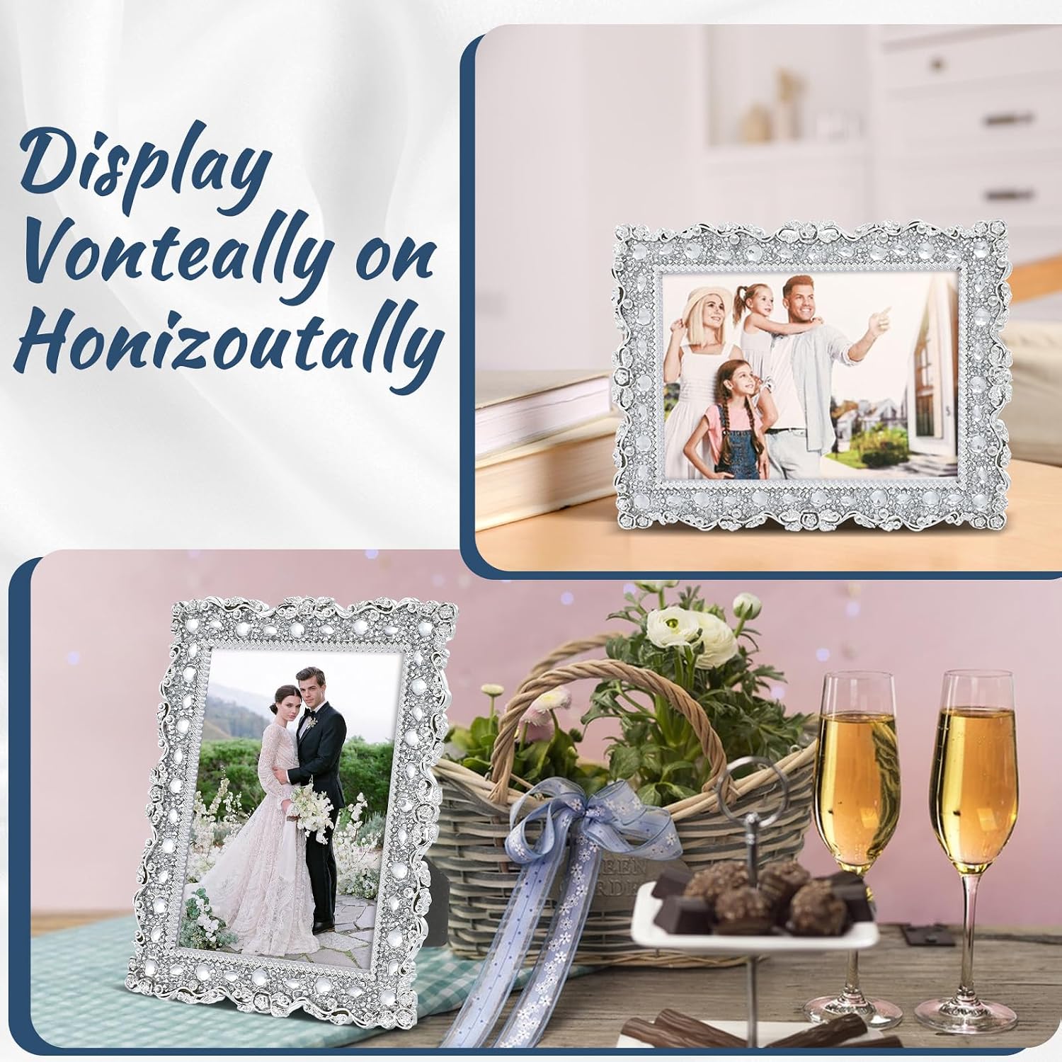 MAQUITA 3 Pack 5 x 7 Inch Crystal Picture Frame Resin Wedding Photo Frame Jewel Picture with Rhinestones Photo Gift for Wedding Table Top Desktop Display