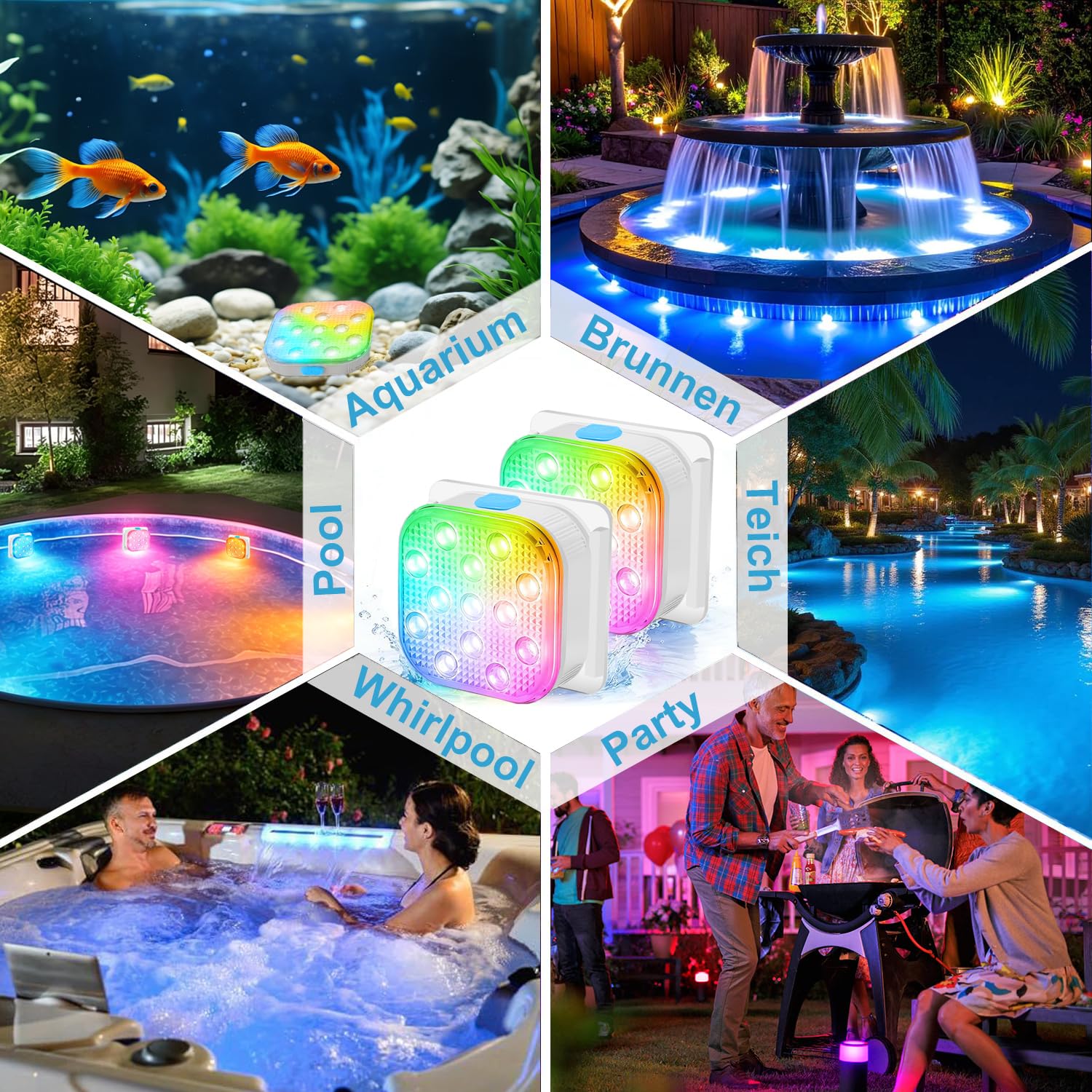 Poolbeleuchtung Unterwasser LED Licht mit Fernbedienung, RGB Farbwechsel Wiederaufladbare Pool Beleuchtung, IP68 Wasserdichte Pool Lampe für Schwimmbad Whirlpoolb Teich Party Garten, 2 Stück