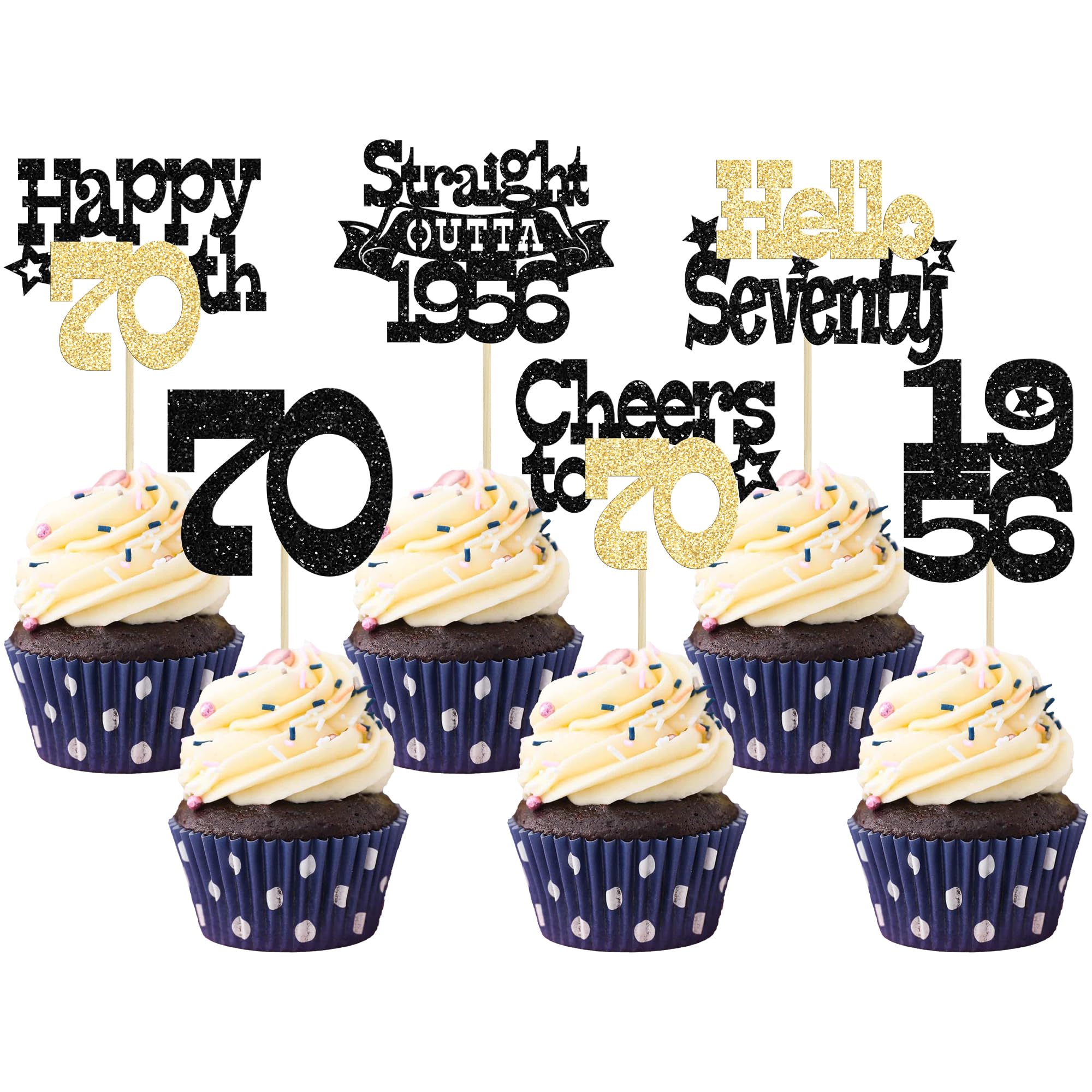 Ephlyn 30Pcs Straight Outta 1956 Cupcake Toppers Glitter Seventy Happy 70th Birthday Cupcake Picks Cheers to 70 Years Cake Decorations for Happy 70th Birthday Anniversary Party Supplies Black Gold