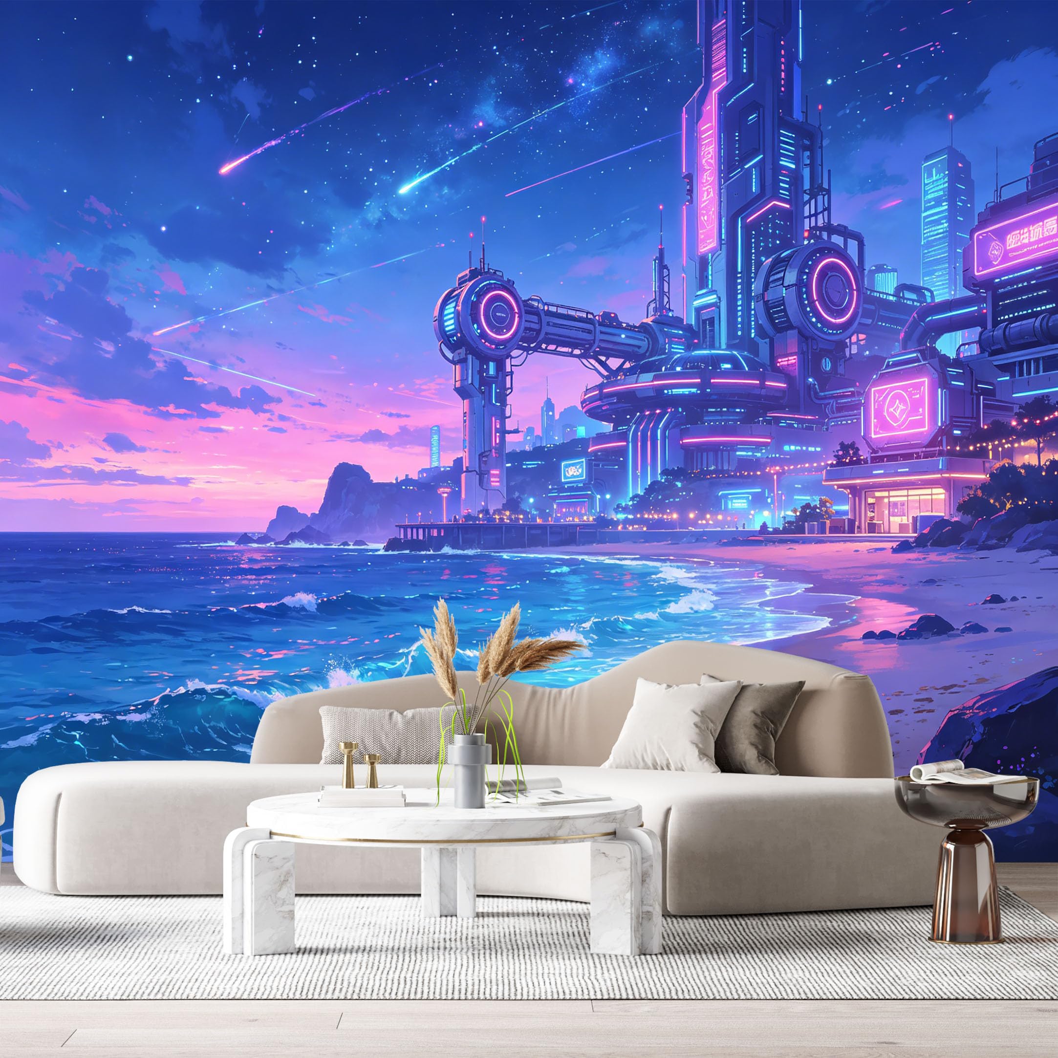 Custom Size Wall Murals Futuristic Cyberpunk Cityscape Ocean Coastline 3D SelfAdhesiveWall Fabric Removable Wallpaper Wall Decor for Living Room Bedroom Bathroom