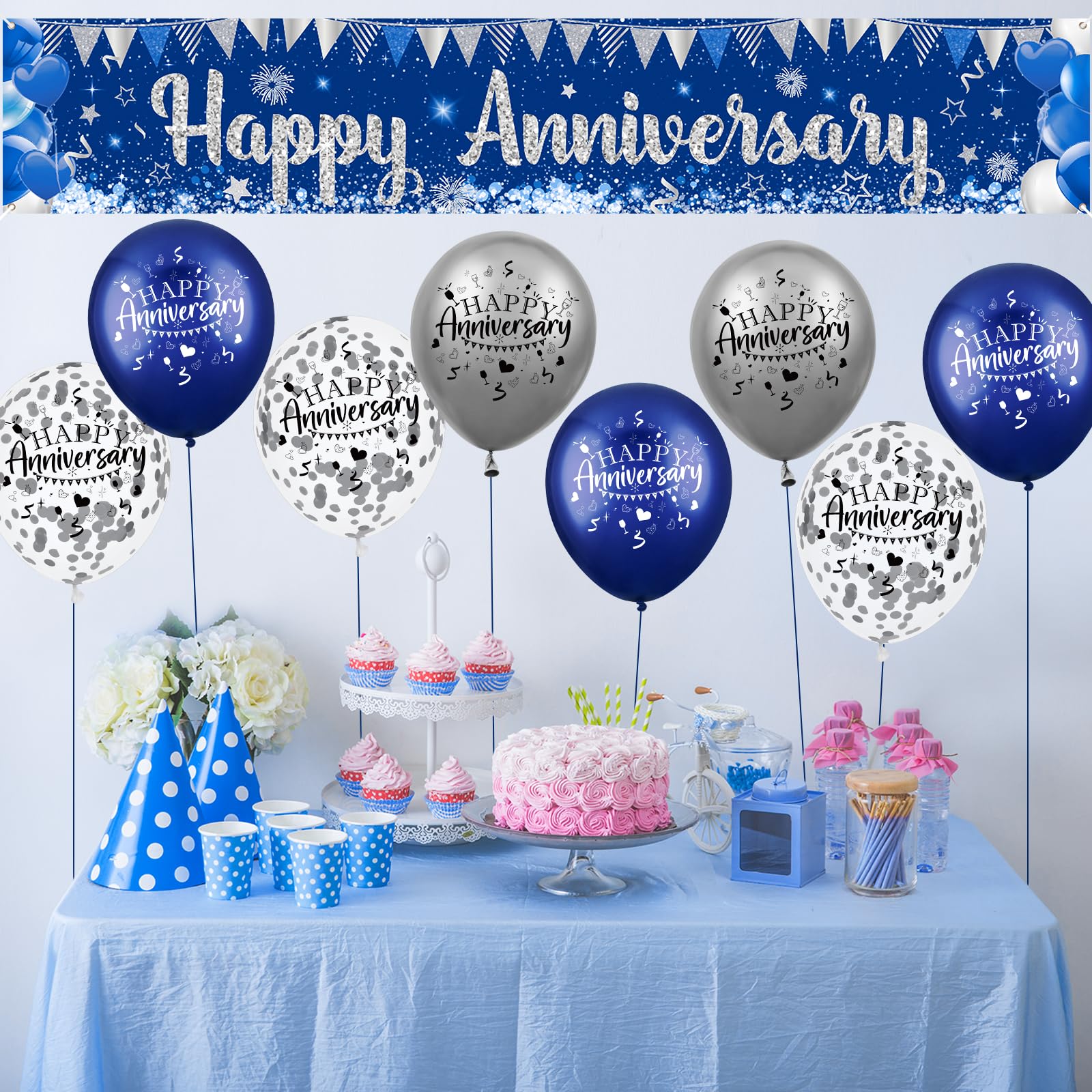 Blue Happy Anniversary Decorations Kit - Silver Banner, 18pcs Navy Balloons, Party Decor Supplies for Men Women Wedding Anniversary