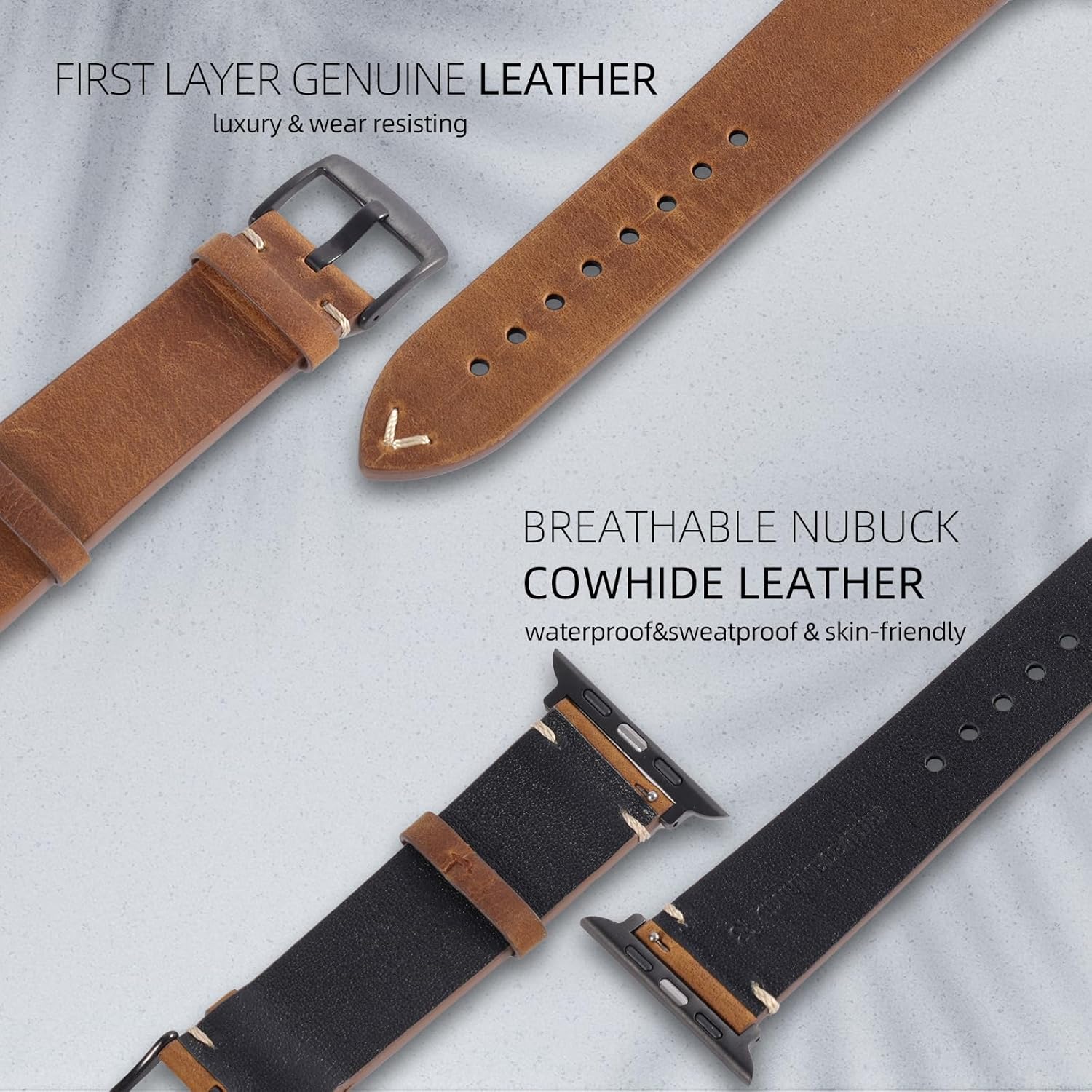 Handmade Double Sided Leather Bands Compatible with Apple Watch Band 42mm(Series 3 2 1) 44mm 45mm 46mm 49mm for Men Women, Retro Design Grain Genuine Leather Wristband Replacement Band Compatible for iWatch Ultra 2, Ultra, SE2, SE, Series 10 9 8 7 6 5 4 3 2 1 - Image 5