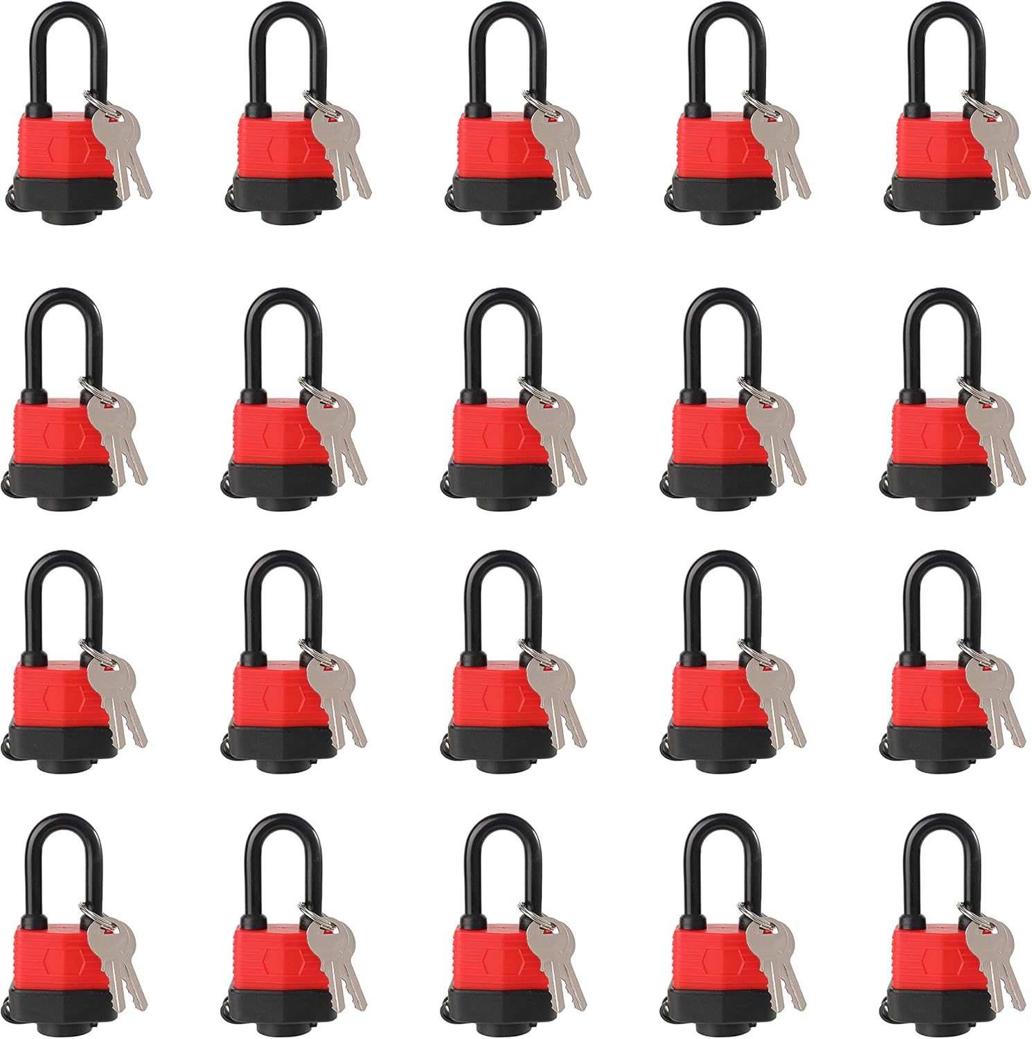 Heavy Duty Covered Laminated Steel Keyed Padlocks, Keyed Alike Locks, Waterproof Padlock for Outdoor use, 1-9/16 inch Wide Body, Long Shackle-Pack of 20