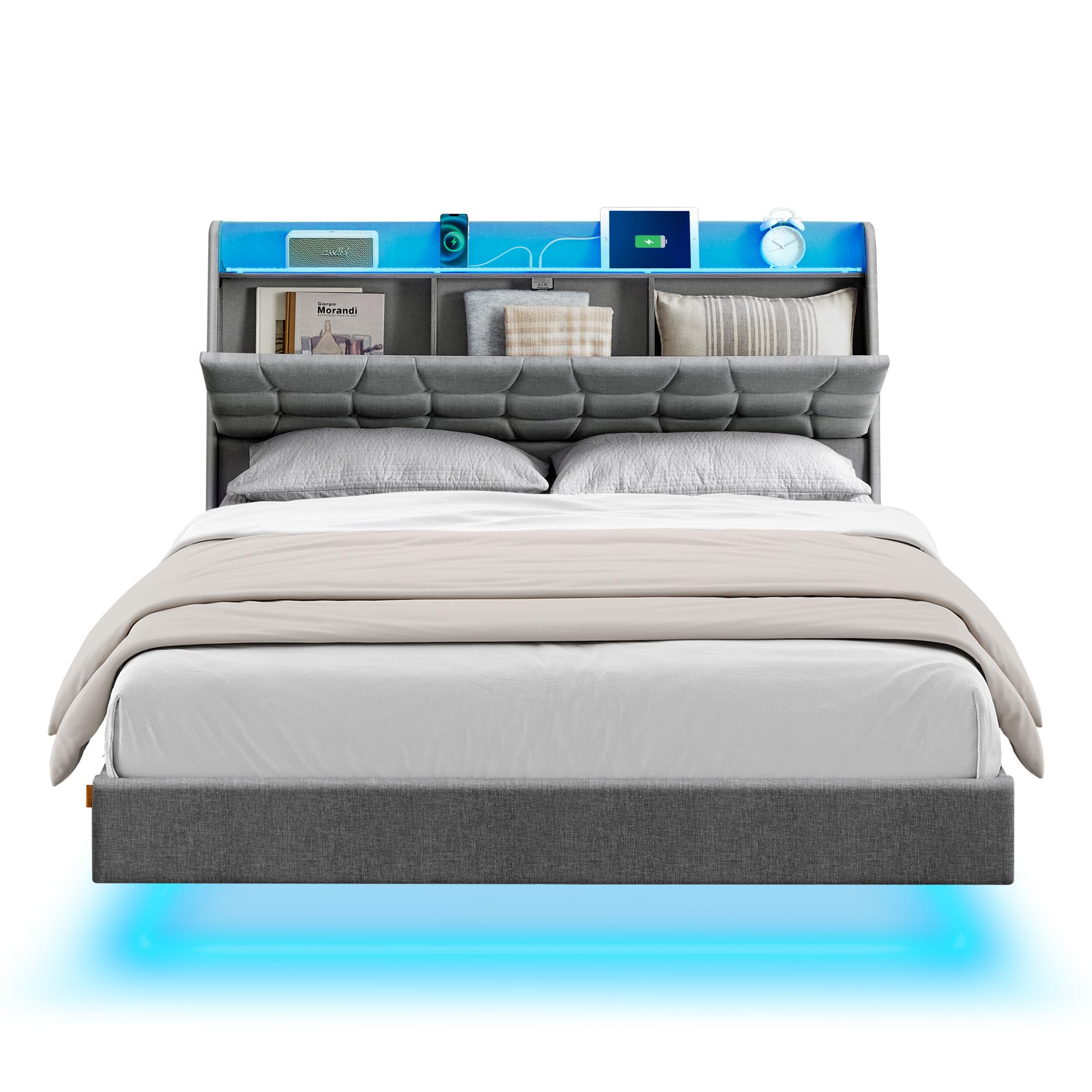 VASAGLE Queen Size Floating Bed Frame with LED Lights