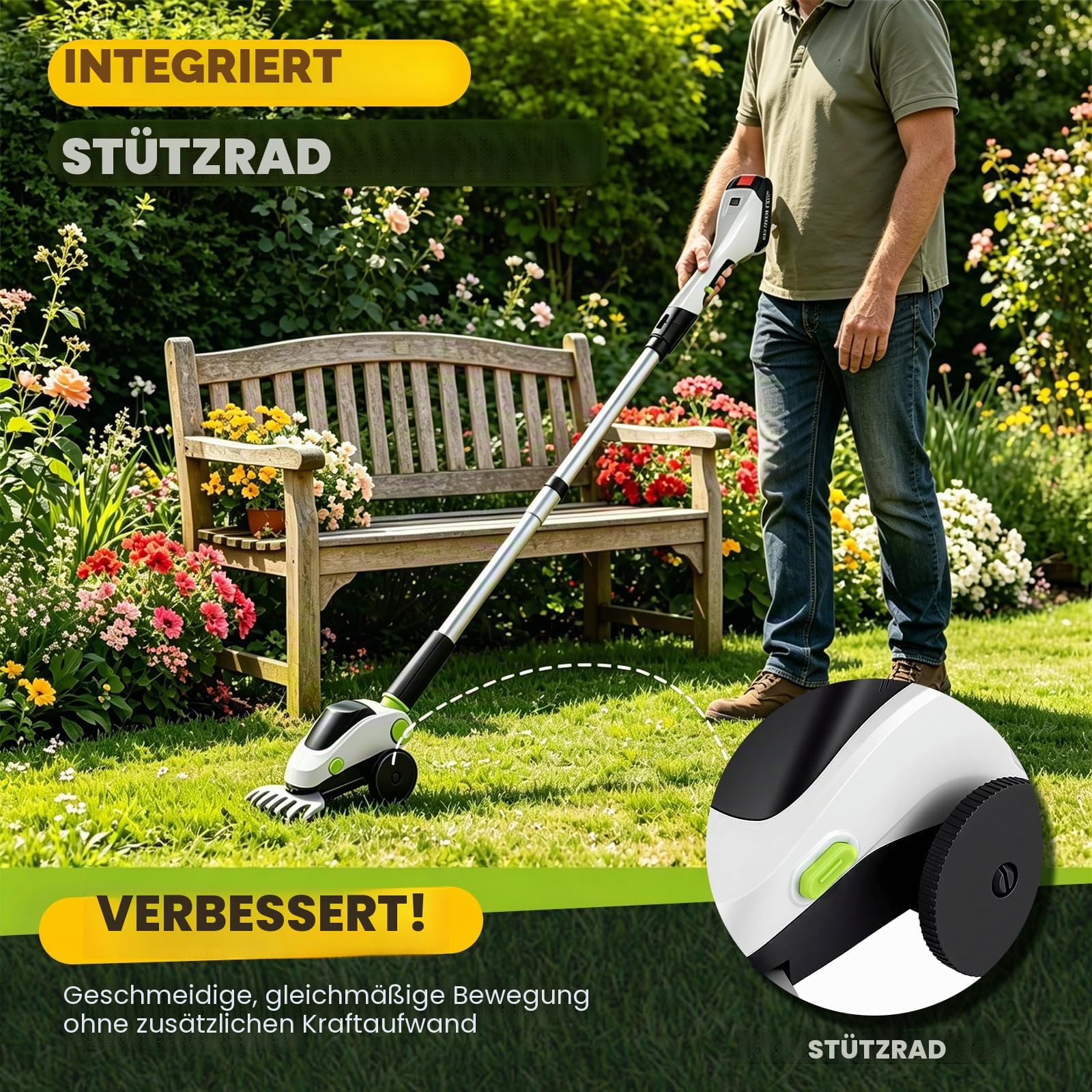 21V Rasentrimmer mit Akku und Unkrautbürste, 4-in-1 Teleskop Heckenschere | mit 2 austauschbaren Köpfen und 2 x 4.0Ah Bürstenlose Freischneider Akku für Garten und Hecke