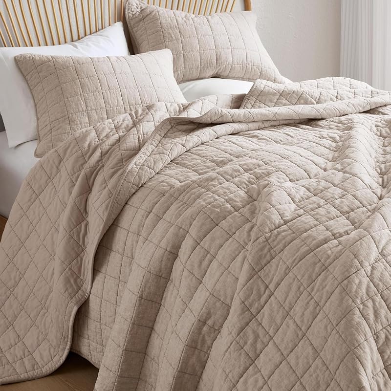 Linen Quilt Queen Size, Linen - Breathable Box-Stitch Coverlet | 55% Flax Blend Front, Soft Cotton Backing, Machine Washable, Gets Softer After Every Wash