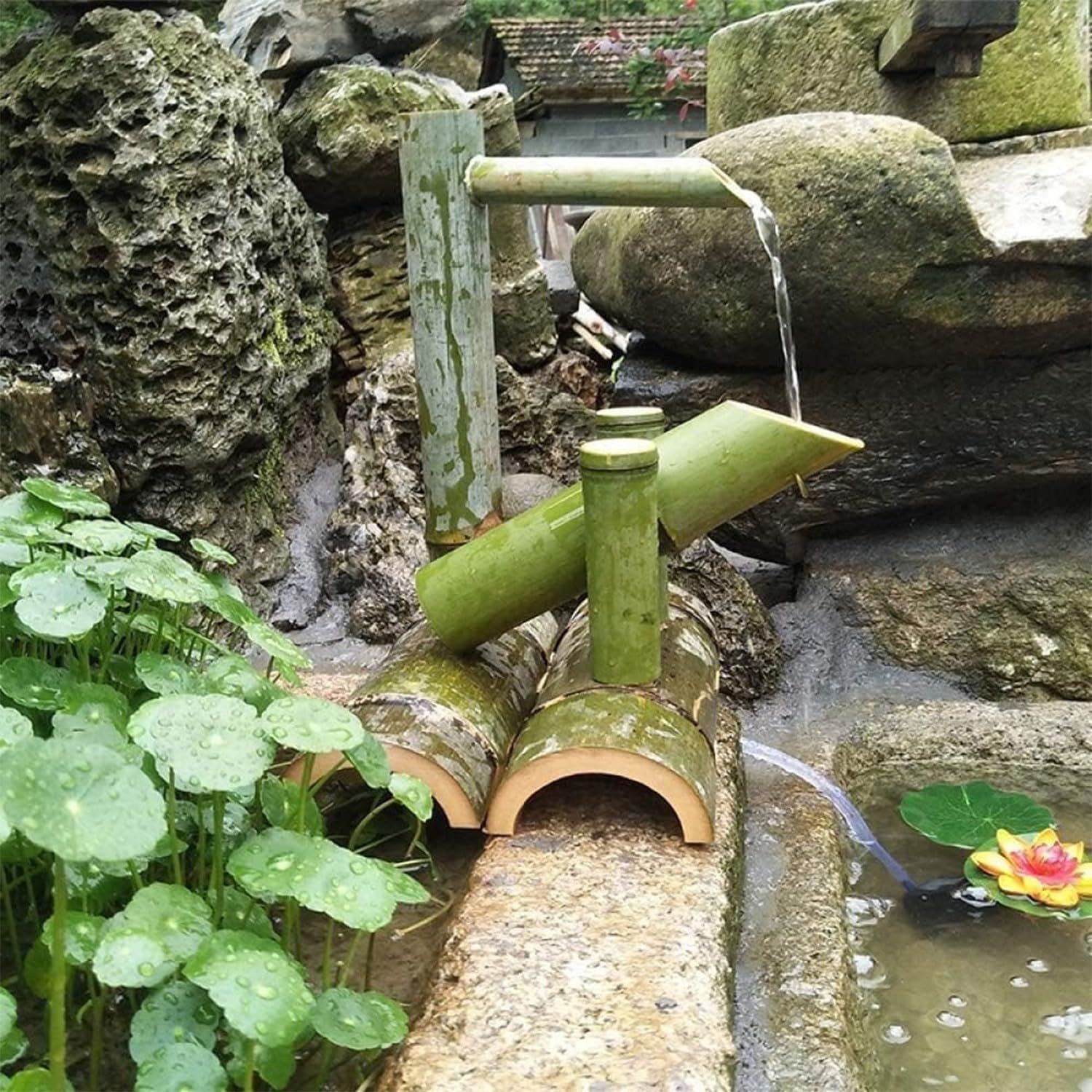 Fontaine À Eau Solaire en Bambou Naturel Patio, Cascade Décorative D'extérieur avec Panneau Solaire, Fontaine en Bambou, Buse Japonaise, Cascade Bassin De Jardin L 25cm