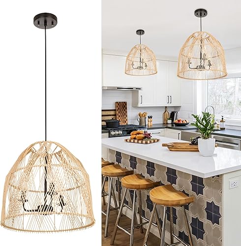 Lámpara colgante de ratán de granja, 16 pulgadas, grande, estilo bohemio, tejida a mano, para colgar en el techo, lámpara de araña de mimbre rústico