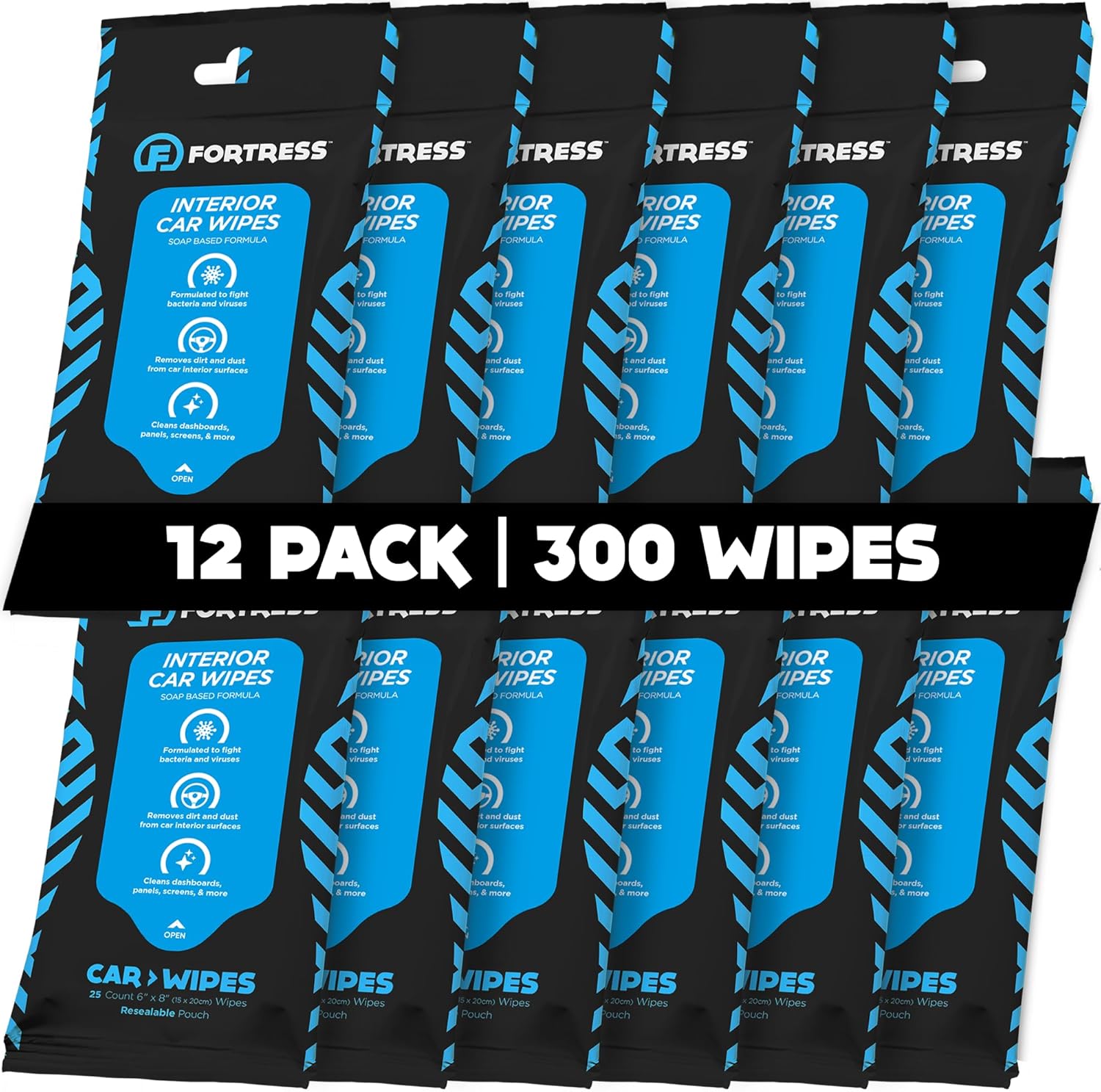 Fortress Car Interior Wipes (25 ct, Pack of 12) for Car Interior Cleaning, Dashboard, Seats, Detailing, and Steering Wheel [Travel Size] Skin-Safe Car Interior Cleaner Supplies