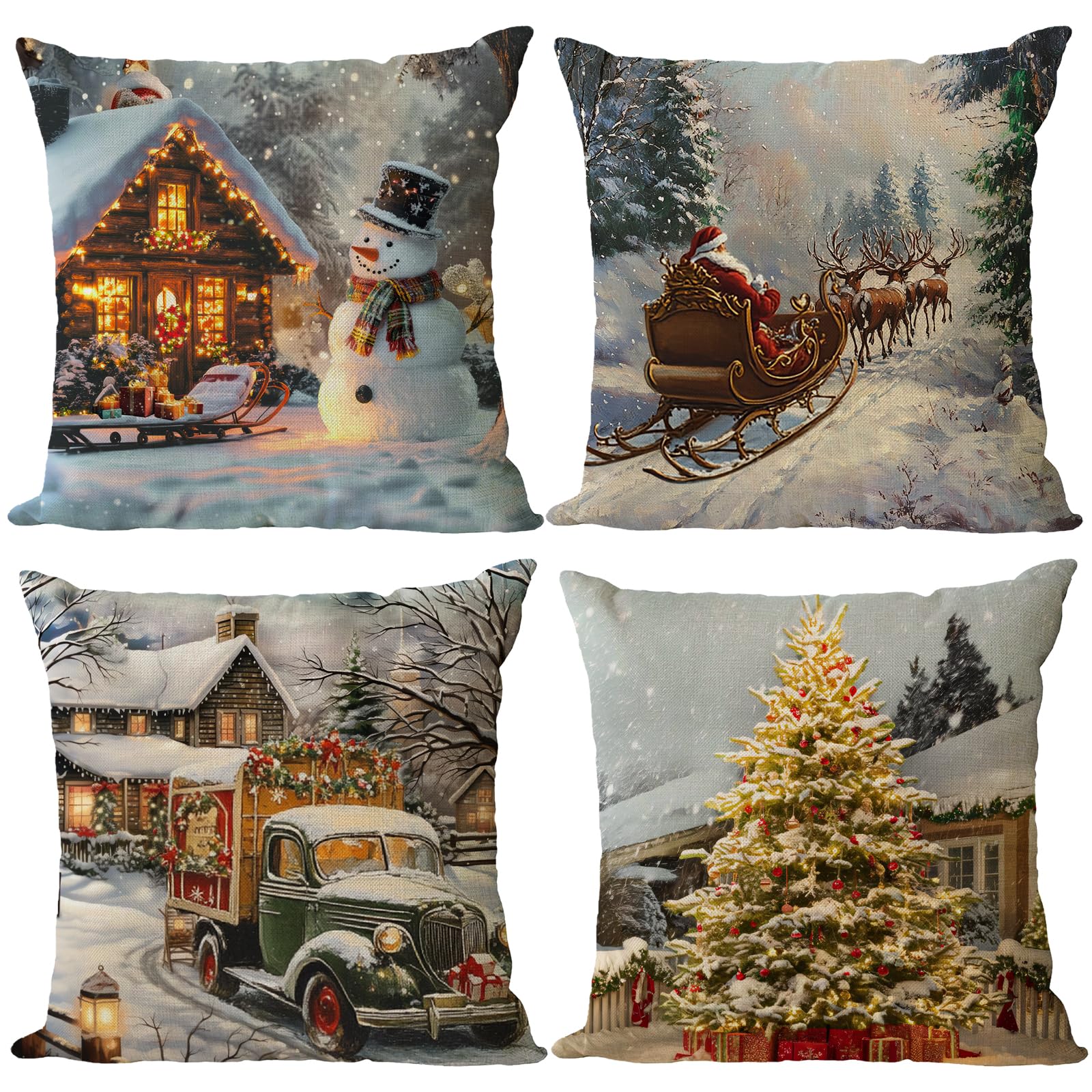 YeeJu Set of 4 Christmas Pillow Covers 22x22 Vintage Farmhouse Christmas Pillow Cases Christmas Tree Truck Throw Pillow Covers Red Xmas Holiday Pillow