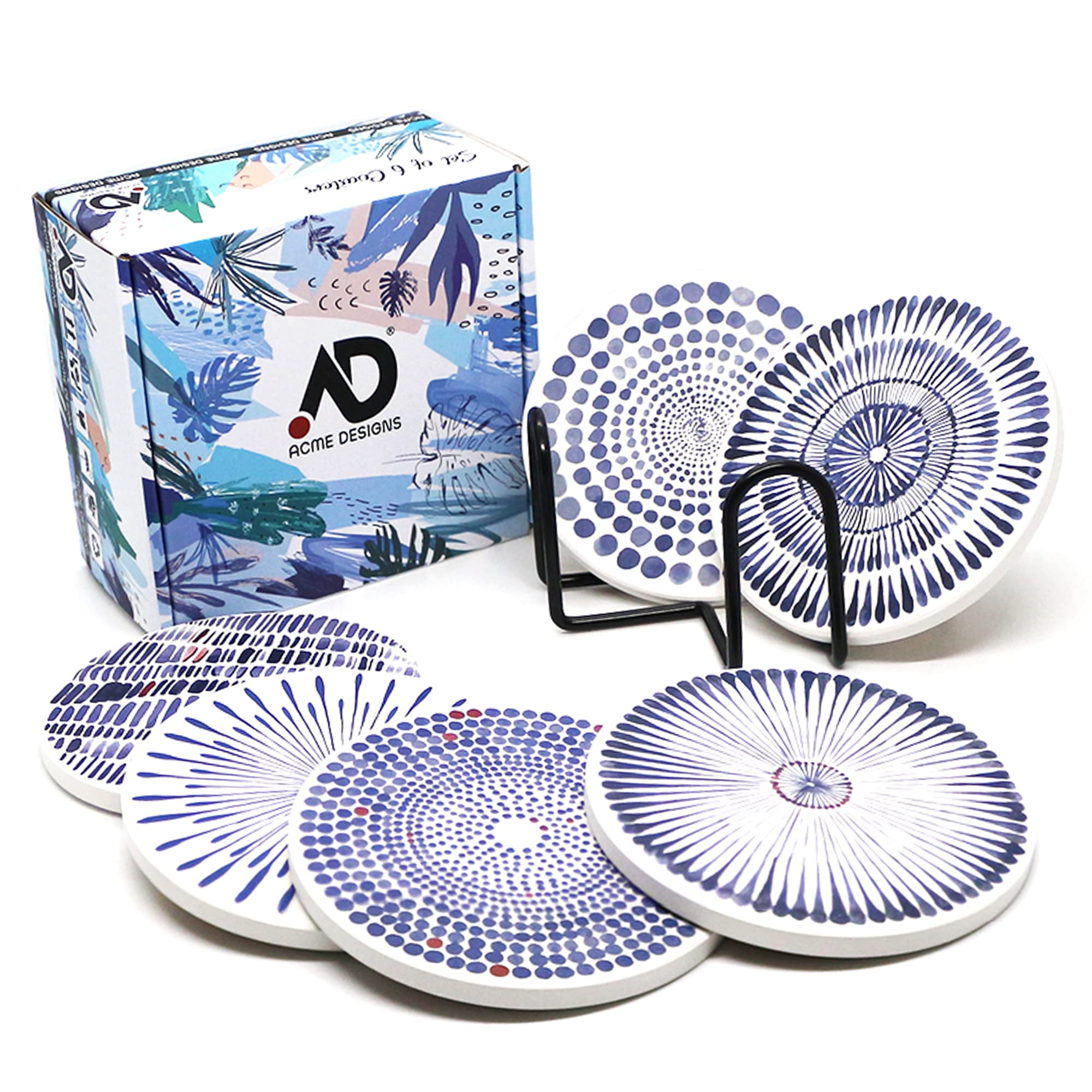 ADSet of 6 Coasters for Drinks Absorbing Round Ceramic Stone Coaster with Cork Base,Tabletop Protection Mat for Mugs and Cups,Office,Kitchen (Bloom Abstract with Holder)