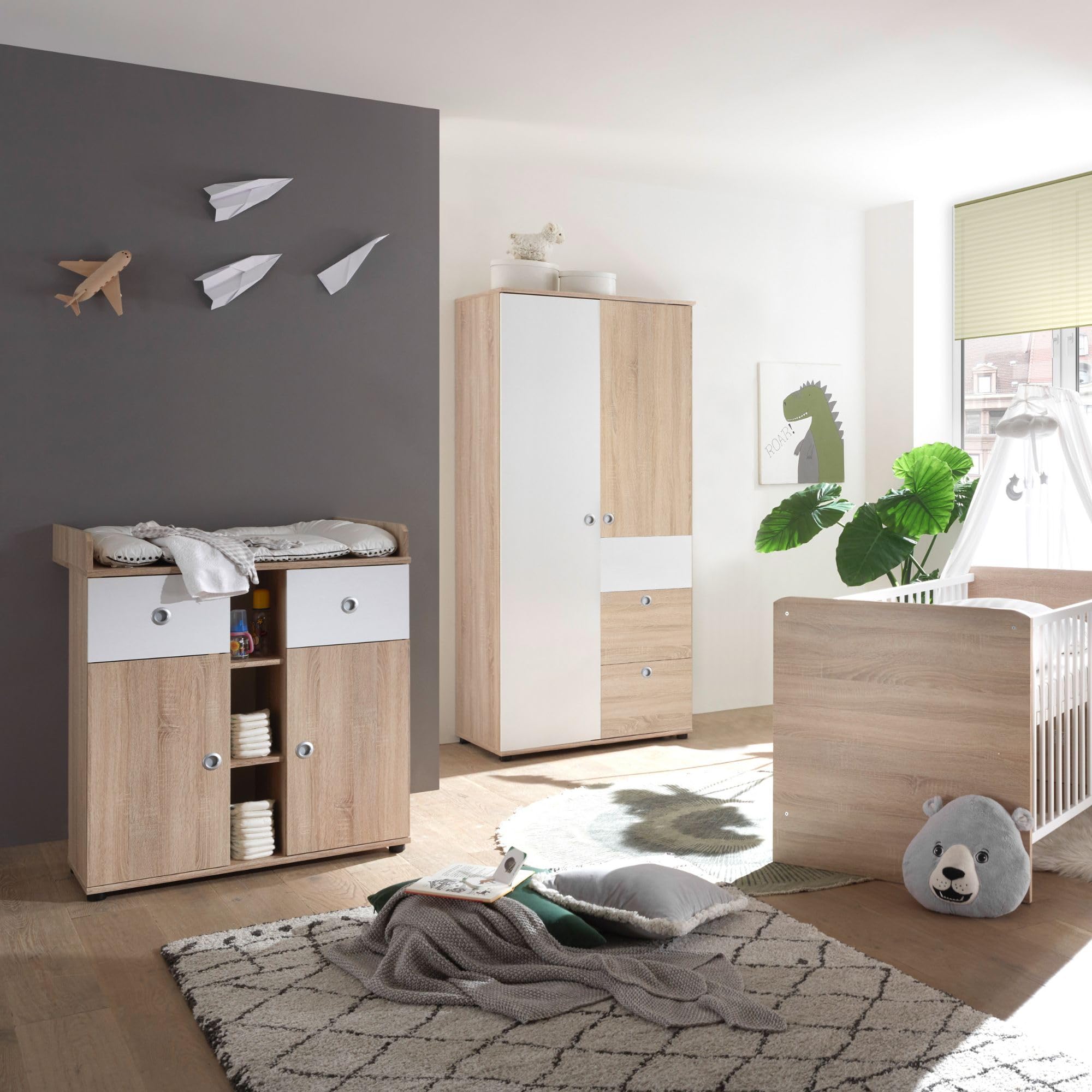 Stella Trading Wiki Completo Cameretta Bambini 3 Pezzi Rovere Armadio Culla Fasciatoio Legno Quercia Sonoma Bianco