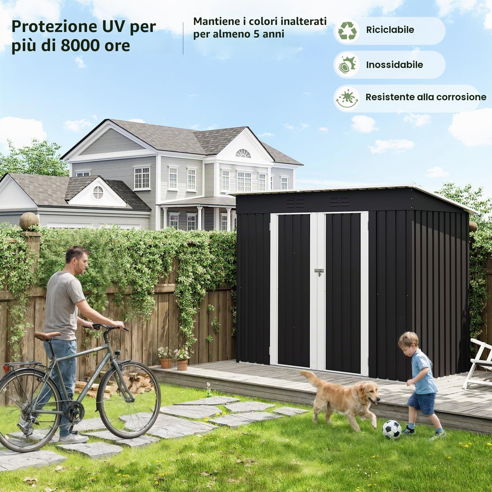 UDPATIO Casetta da Giardino in Metallo, 228x109x181 cm, Armadio da Giardino con Porta e Serratura, Armadio da Esterno Impermeabile per Prato, Attrezzi, Giardino e Balcone