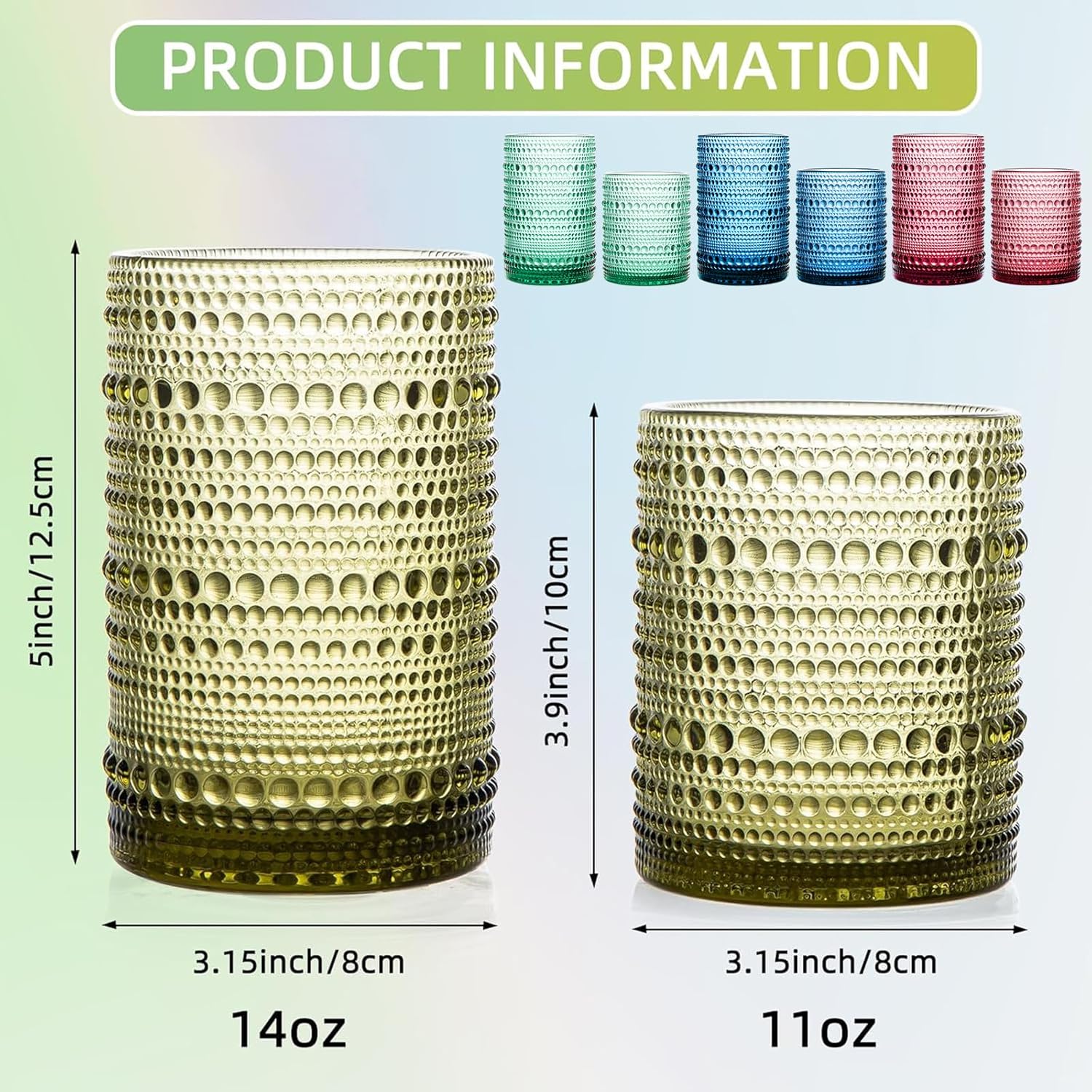 Set of 8 Hobnail Drinking Glasses Colored Vintage Glassware - 4 Highball Glasses 14 oz, 4 Rocks Glass Cup 11 oz, Embossed Old Fashioned Glassware for Water, Juice, Wine, Beer (4 Colors) - Image 2