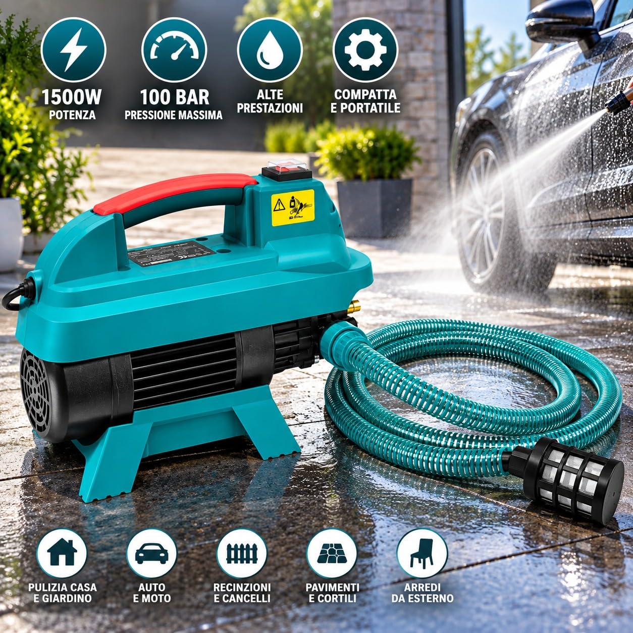 Idropulitrice 1500W 100 Bar, 5,5 L/min, 70 Bar Pressione di Esercizio, Idropulitrice ad Alta Pressione con Aspirazione da Secchio, Attacco Rubinetto, Tubo Alta Pressione