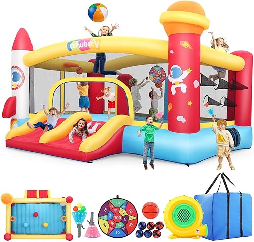 Whubefy Casa inflable de rebote doble tobogán para niños de 3 a 6 años, niños grandes de 8 a 12 años, con temática de cohete espacial, castillo