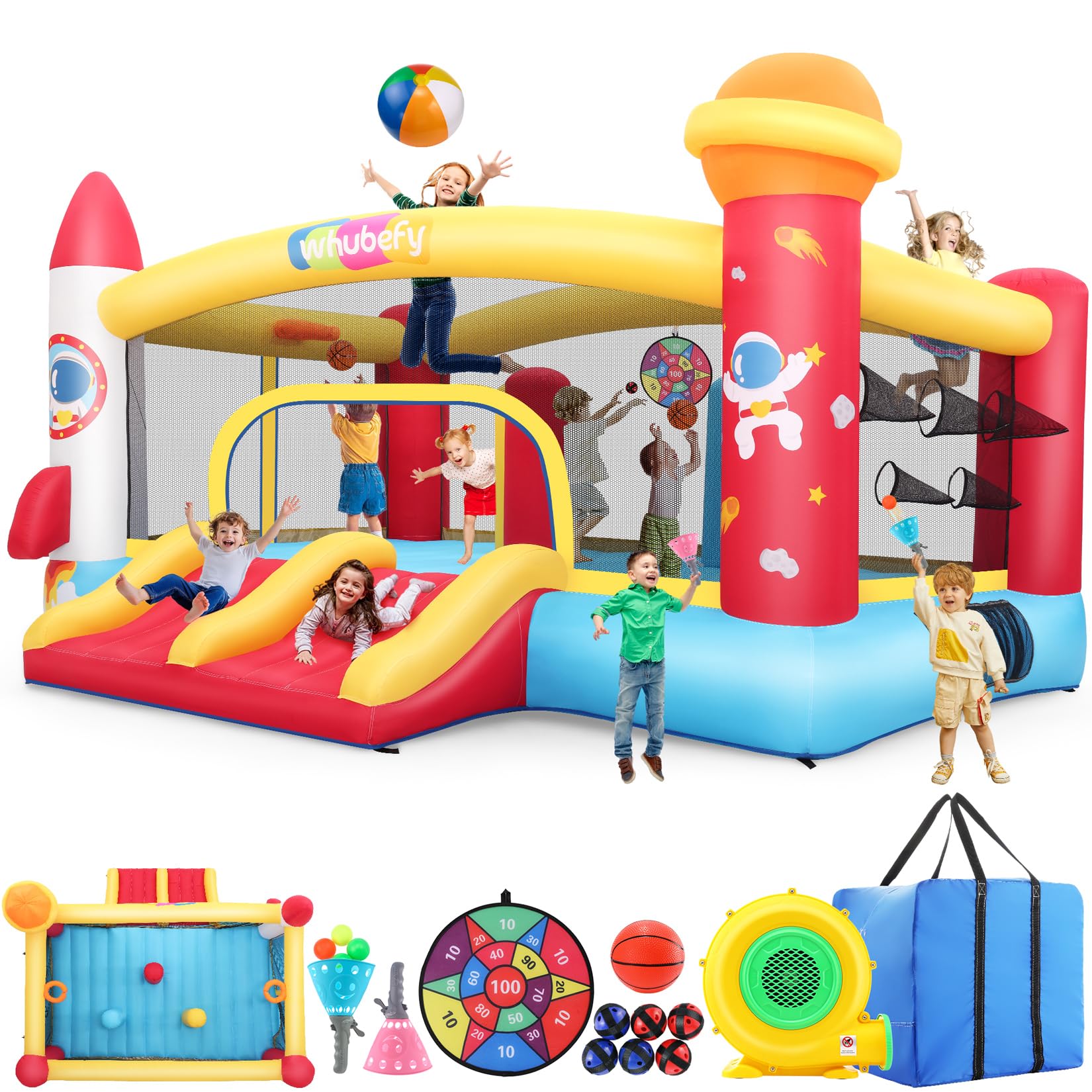 Whubefy Inflatable Bounce House Double Slide for Kids 3-6 Big Kids 8-12 Space Rocket Theme Large Bouncy Castle with 3 Obstacle Punching Pillars, Dual Basketball Hoops, Dart Board & Ball Toss Game